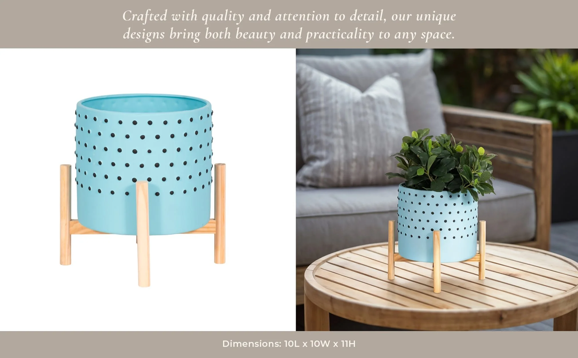 10" Dotted Planter W/ Wood Stand, Blue - Image 11