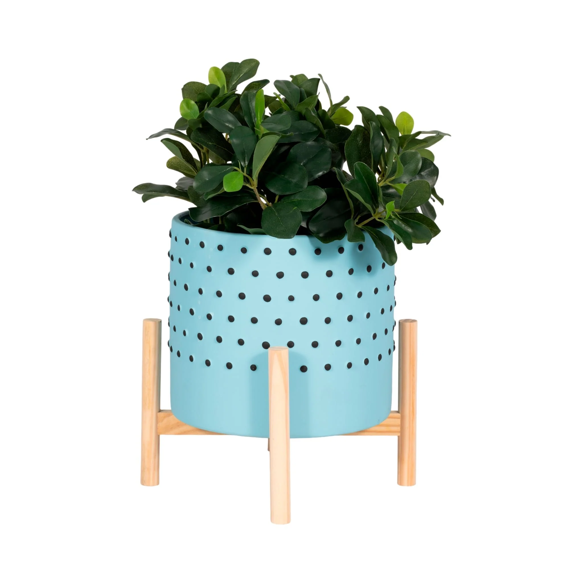 10" Dotted Planter W/ Wood Stand, Blue - Image 2