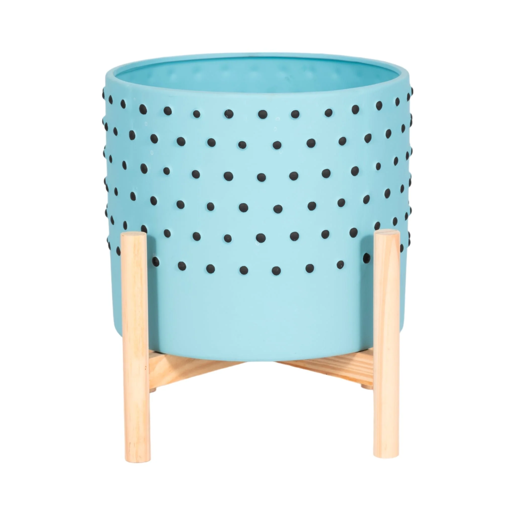 10" Dotted Planter W/ Wood Stand, Blue - Image 4
