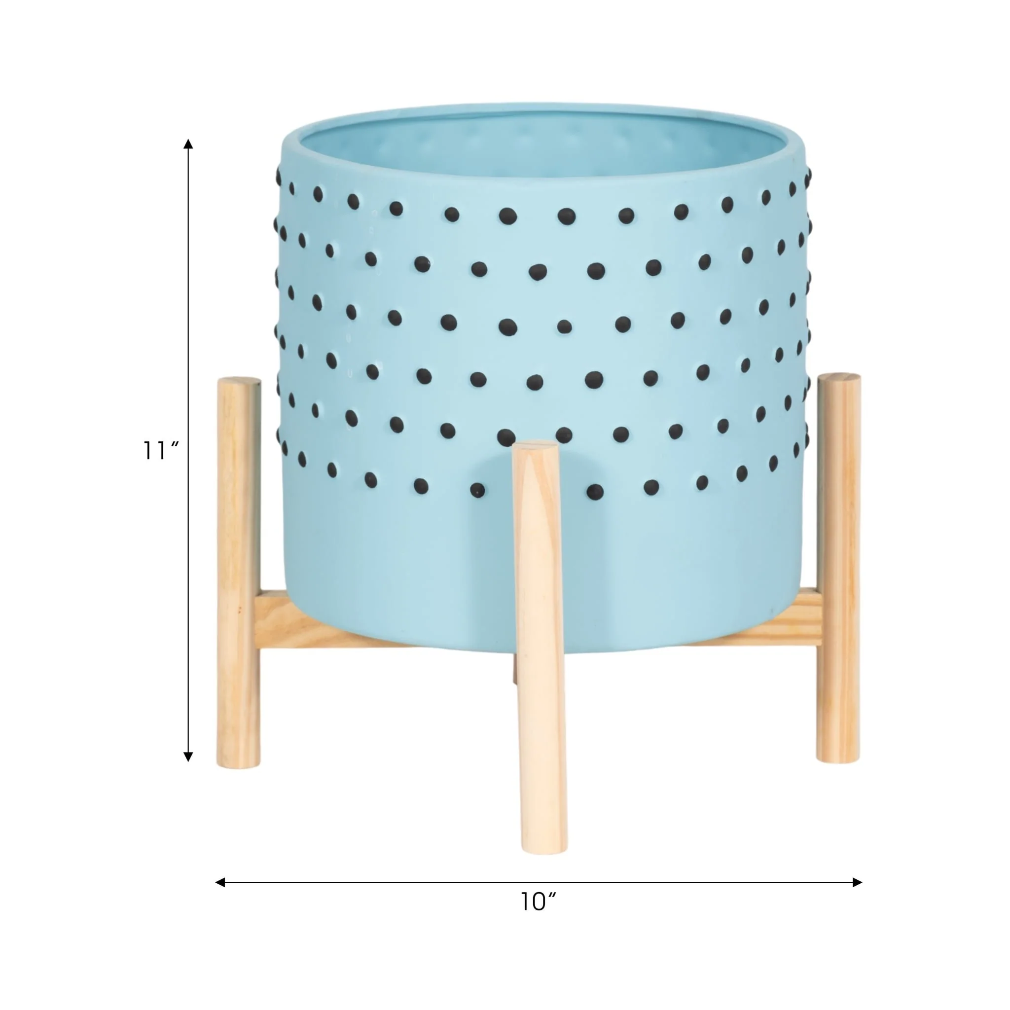 10" Dotted Planter W/ Wood Stand, Blue - Image 8