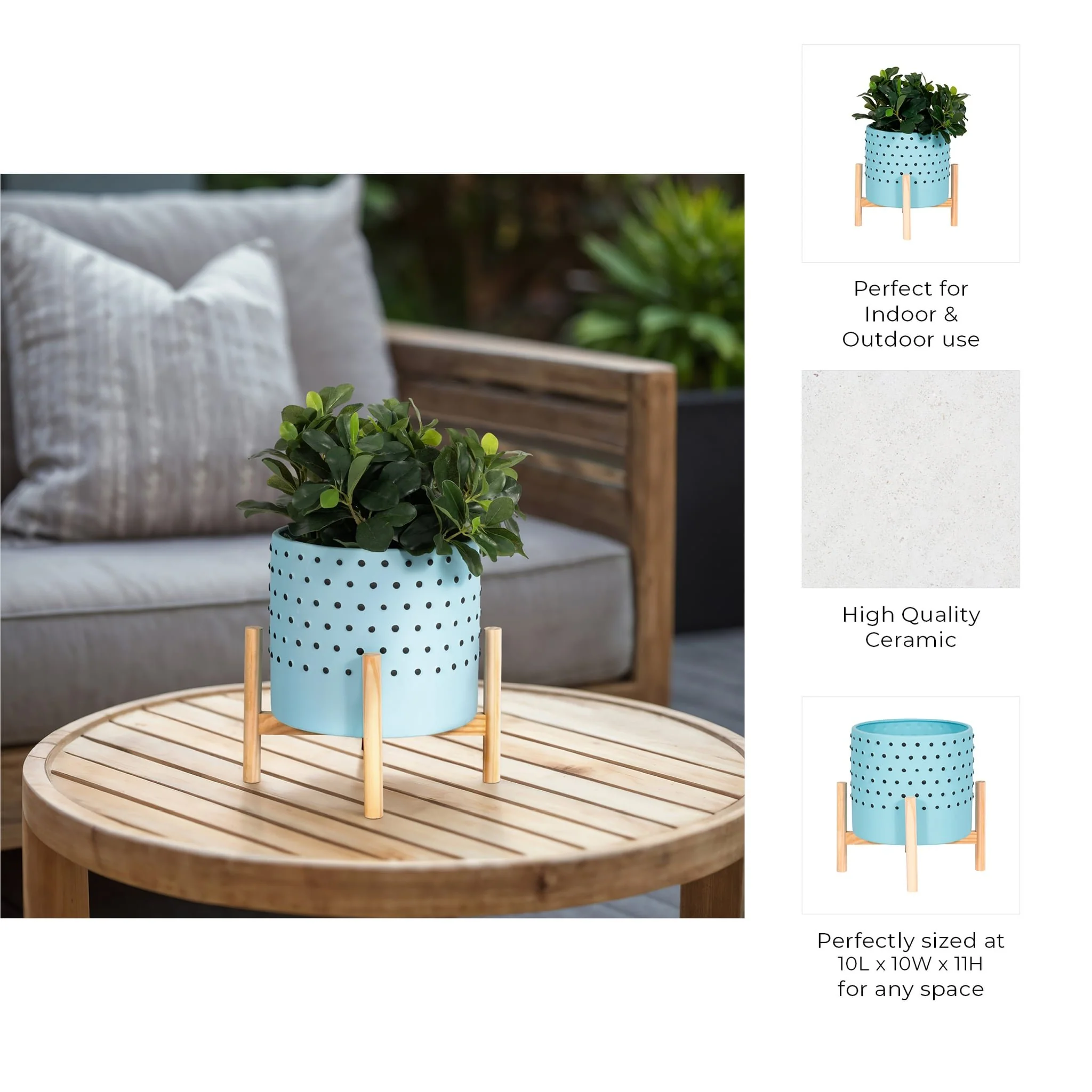 10" Dotted Planter W/ Wood Stand, Blue - Image 9