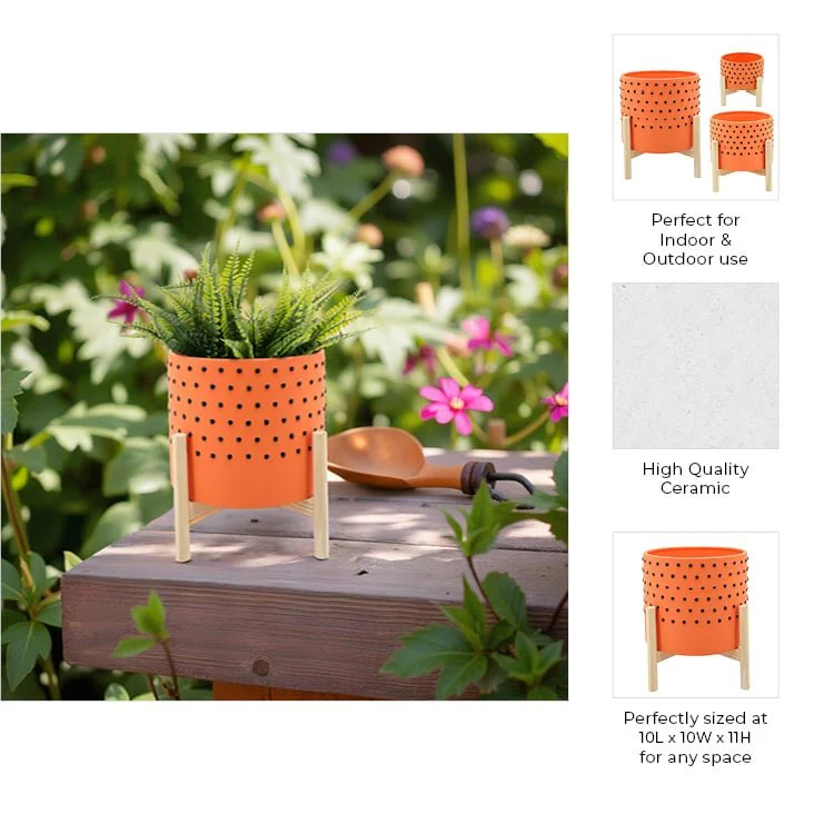 10" Dotted Planter W/ Wood Stand, Orange - Image 4
