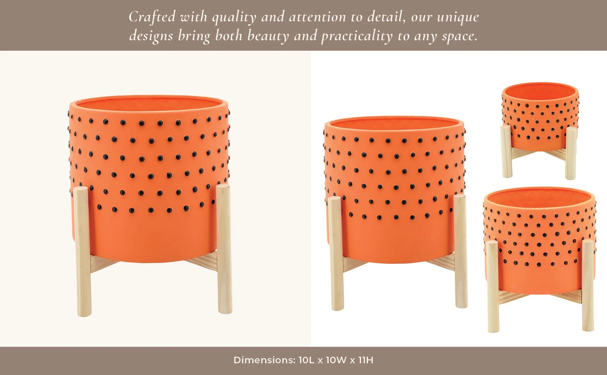 10" Dotted Planter W/ Wood Stand, Orange - Image 7