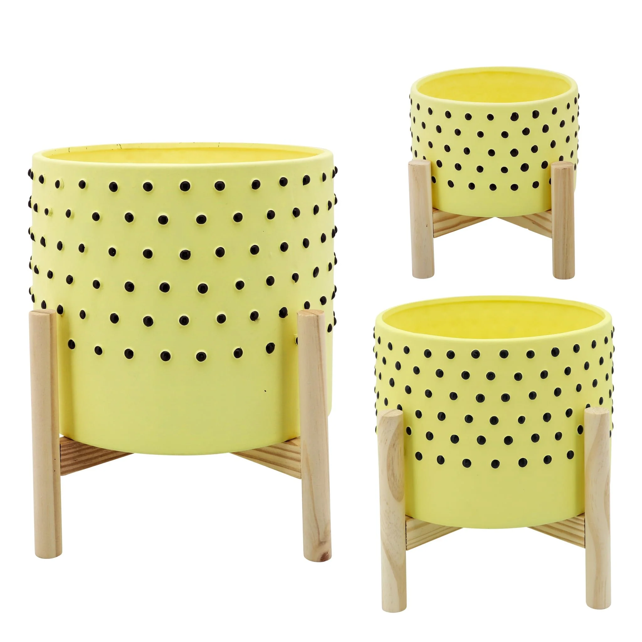 10" Dotted Planter W/ Wood Stand, Yellow - Image 2