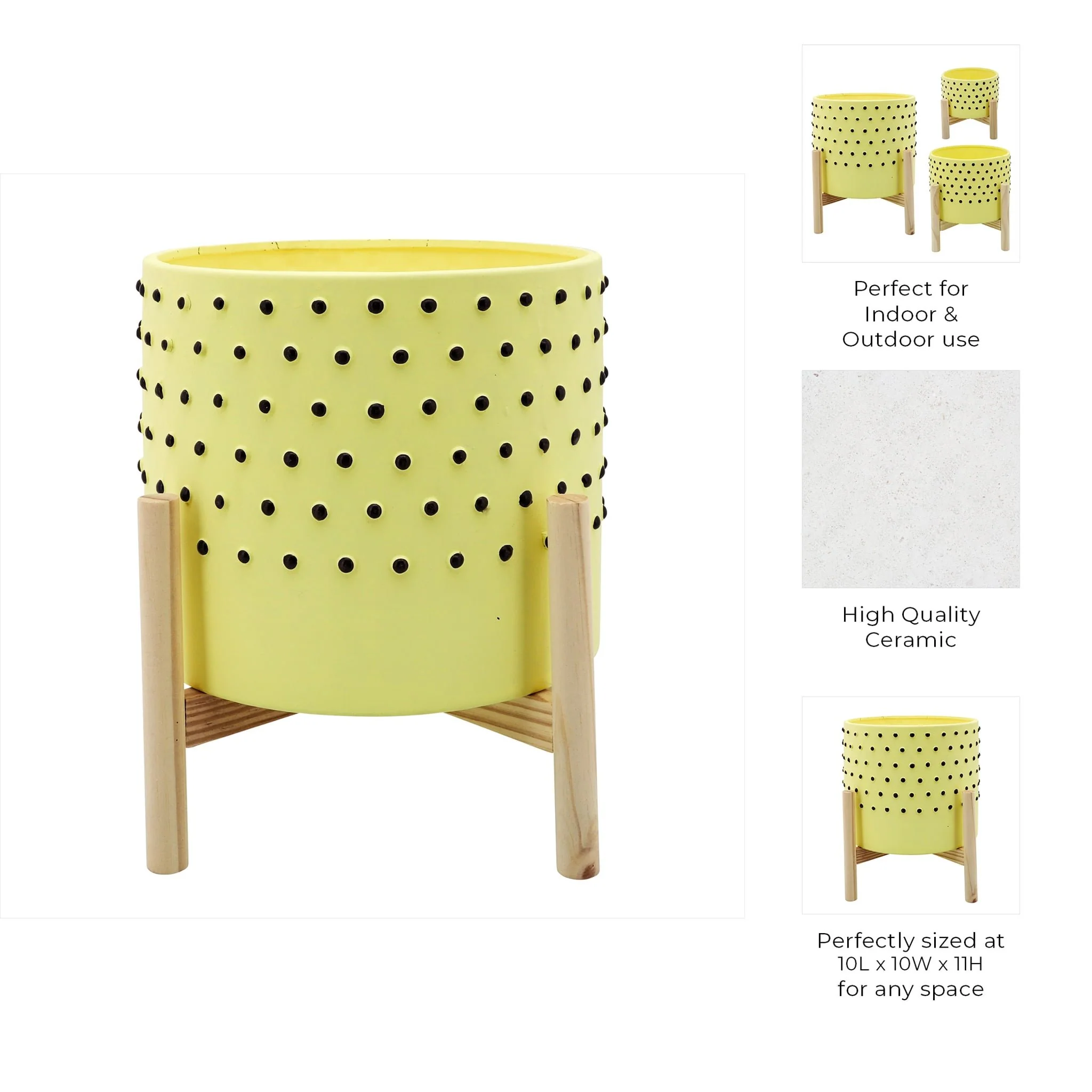 10" Dotted Planter W/ Wood Stand, Yellow - Image 4