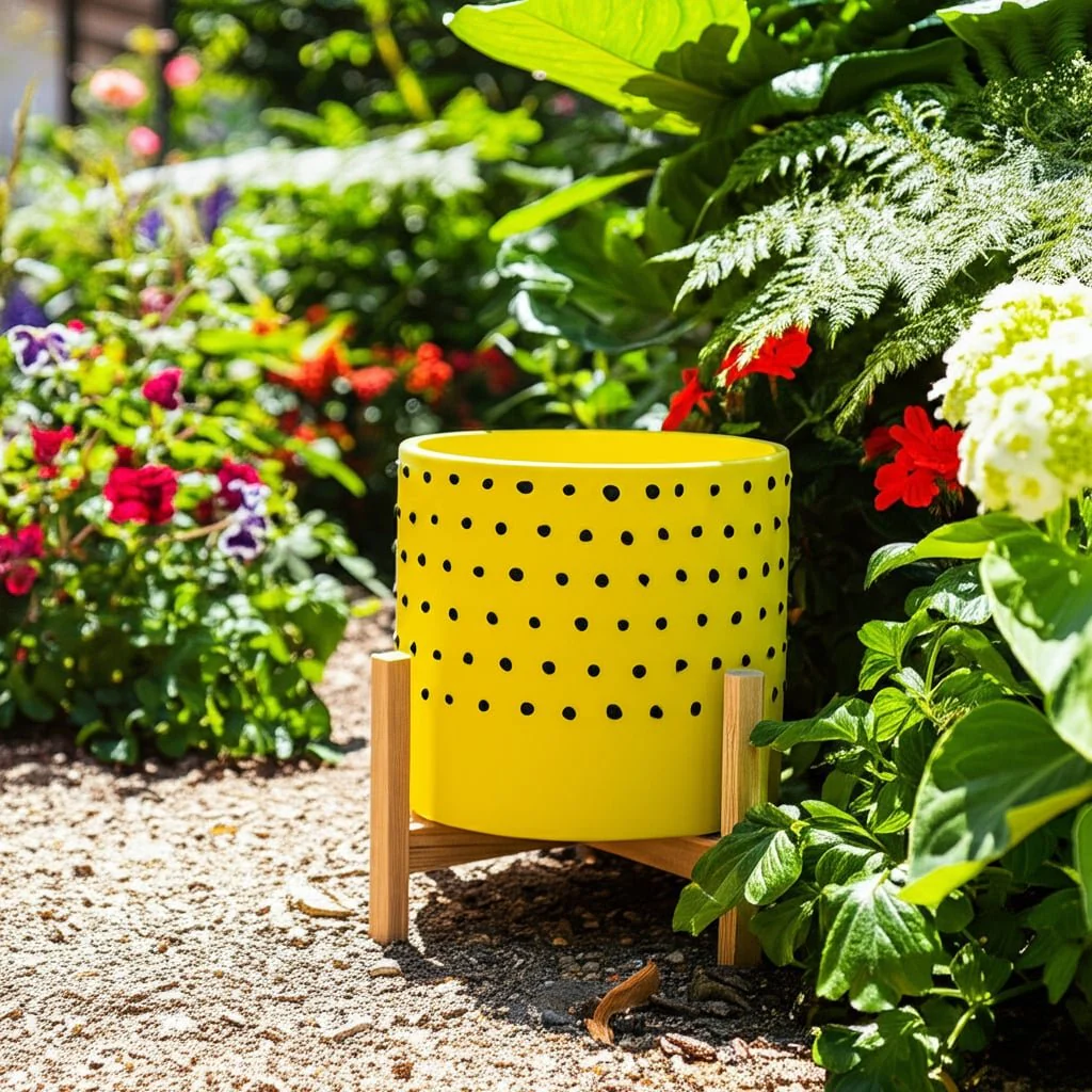 10" Dotted Planter W/ Wood Stand, Yellow - Image 5