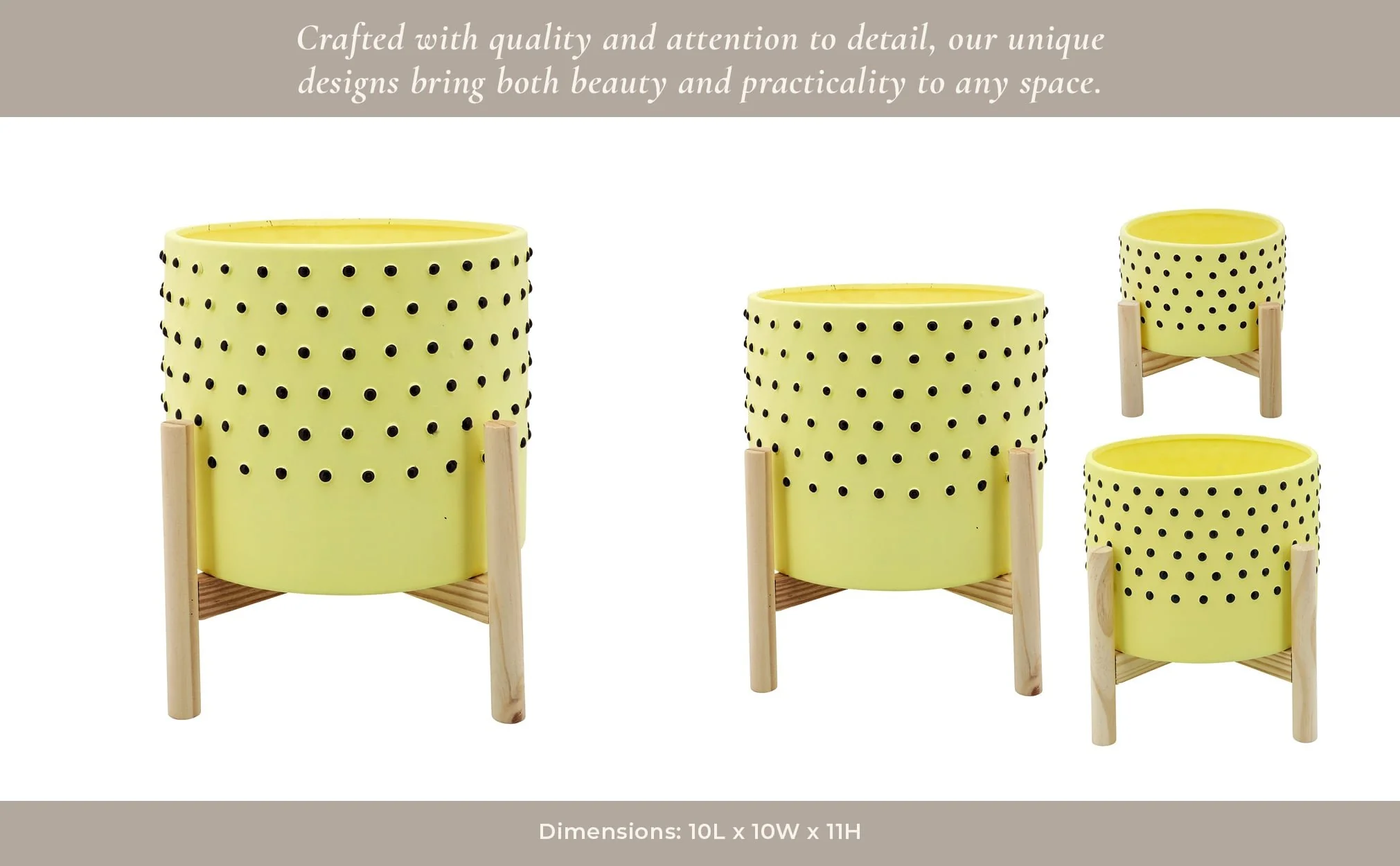 10" Dotted Planter W/ Wood Stand, Yellow - Image 6