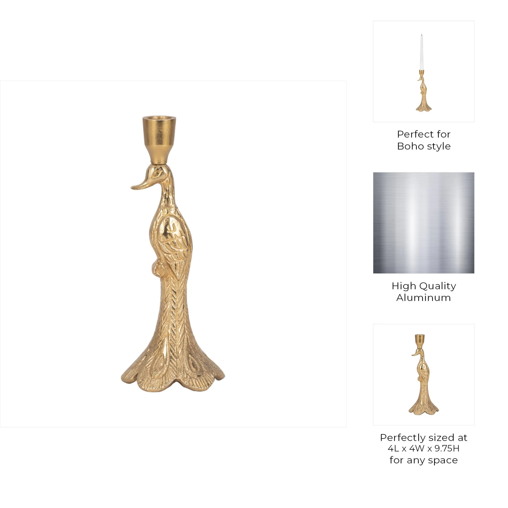 10" Peacock Taper Candle Holder, Gold - Image 10