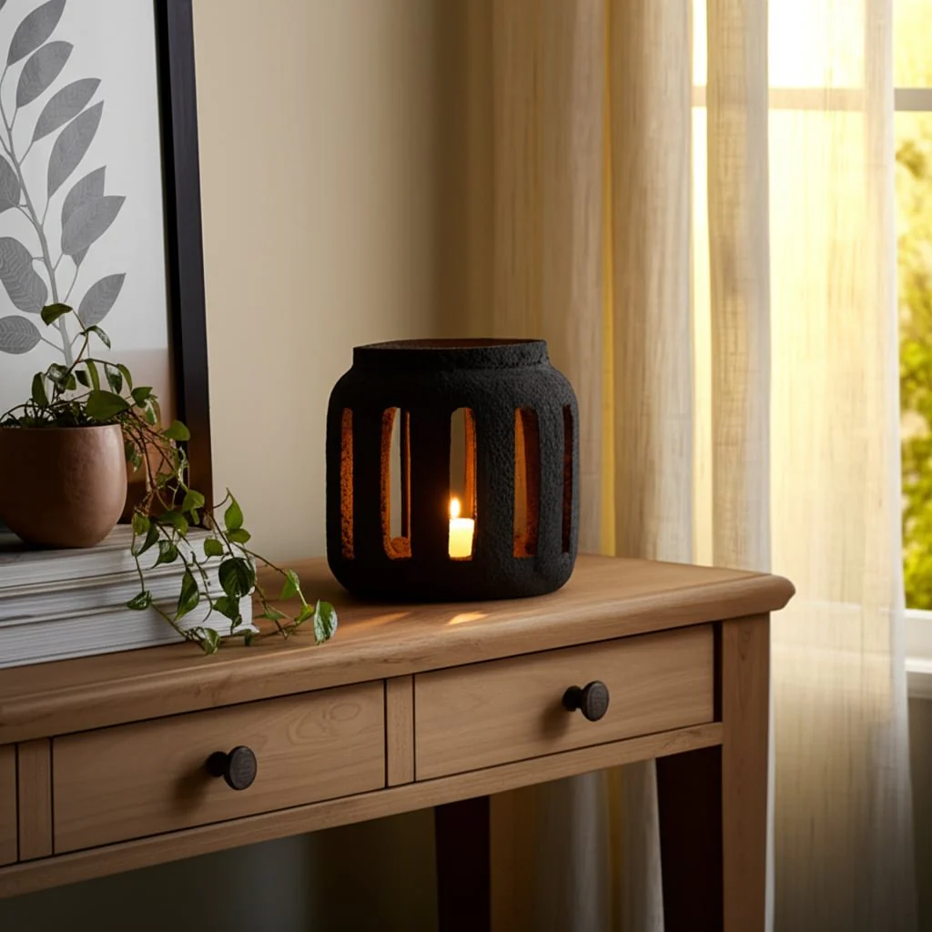 10" Round Lantern Hurricane With Open Slats, Black - Image 10