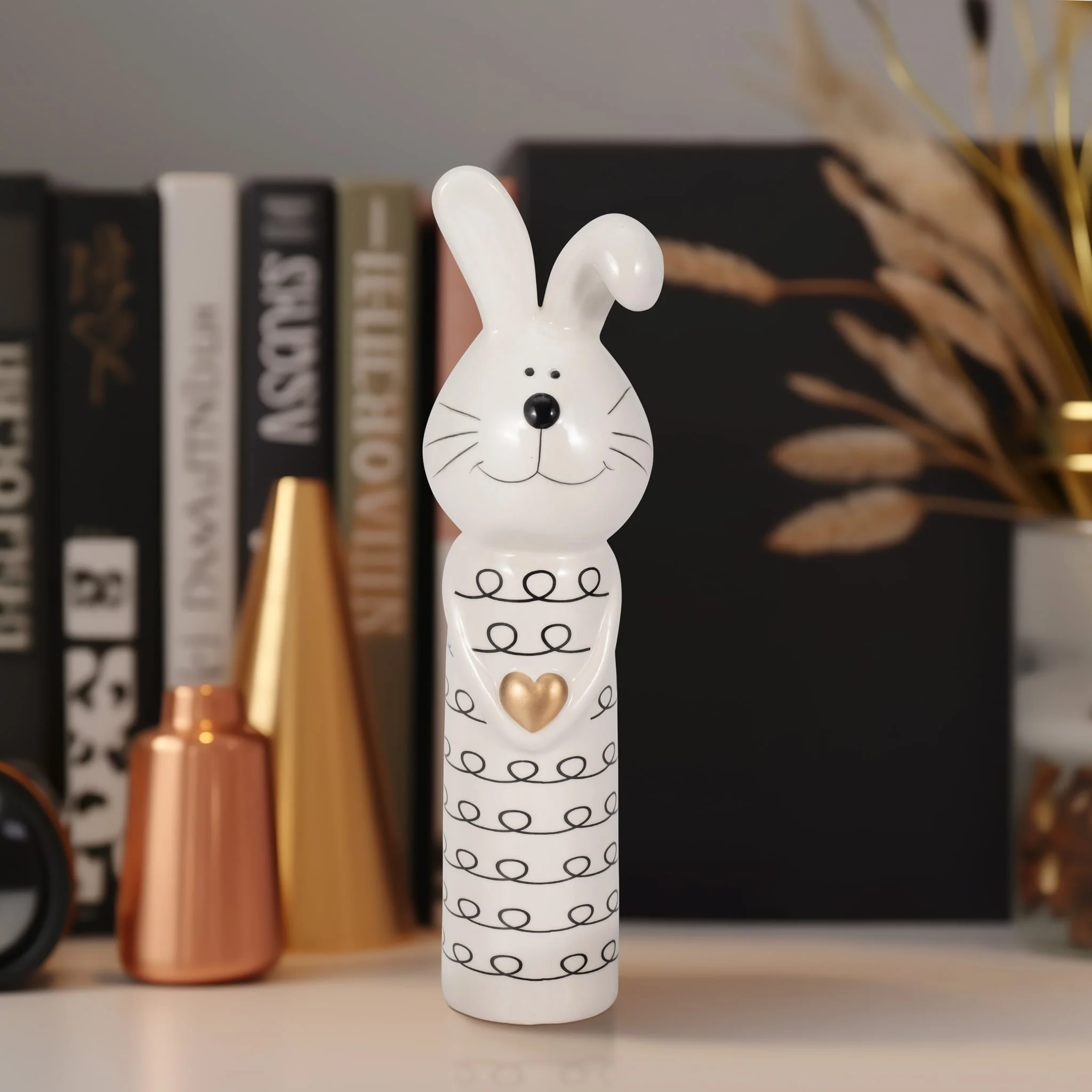 10" Squiggly Bunny With Gold Heart, White/black - Image 11