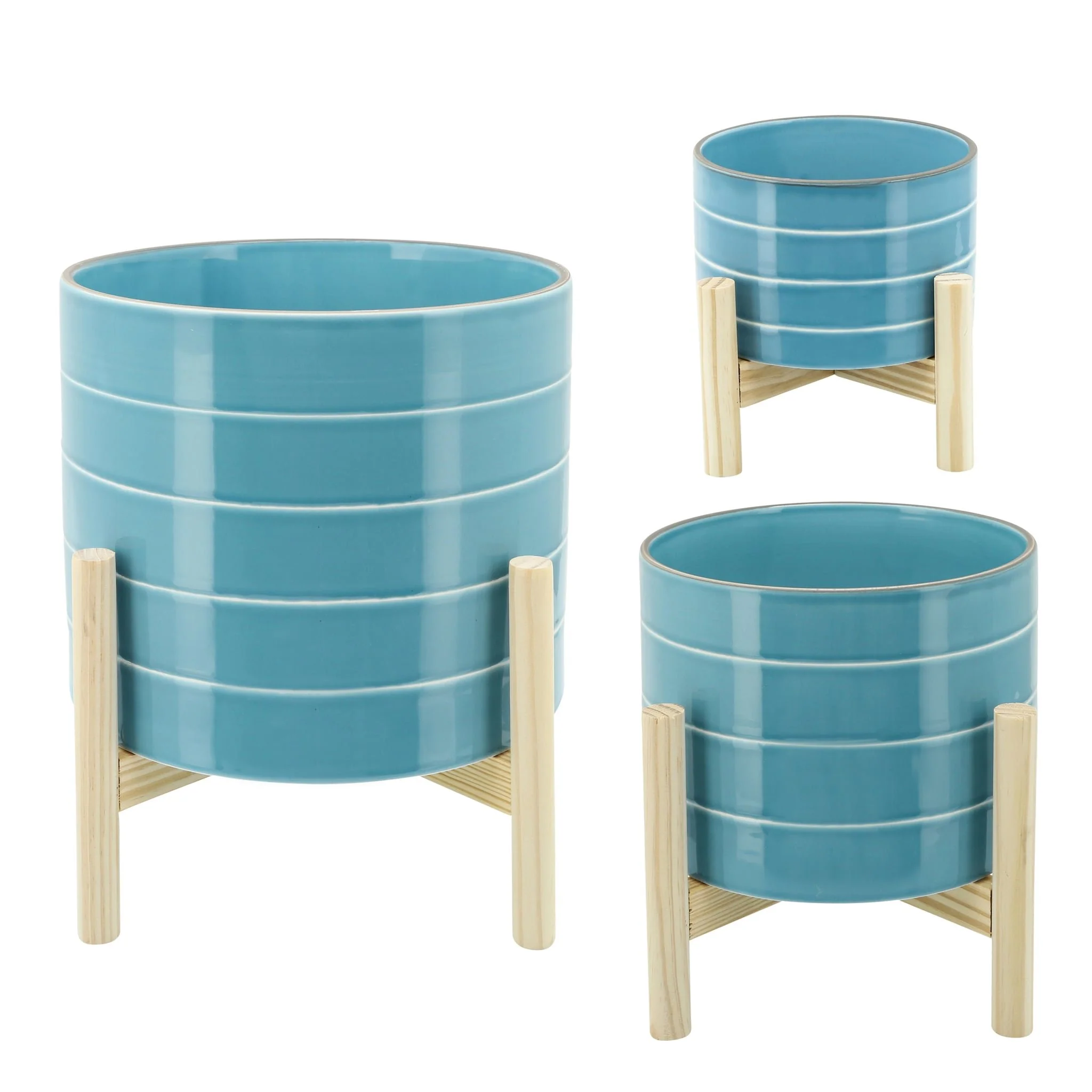 10" Striped Planter W/ Wood Stand, Skyblue - Image 2