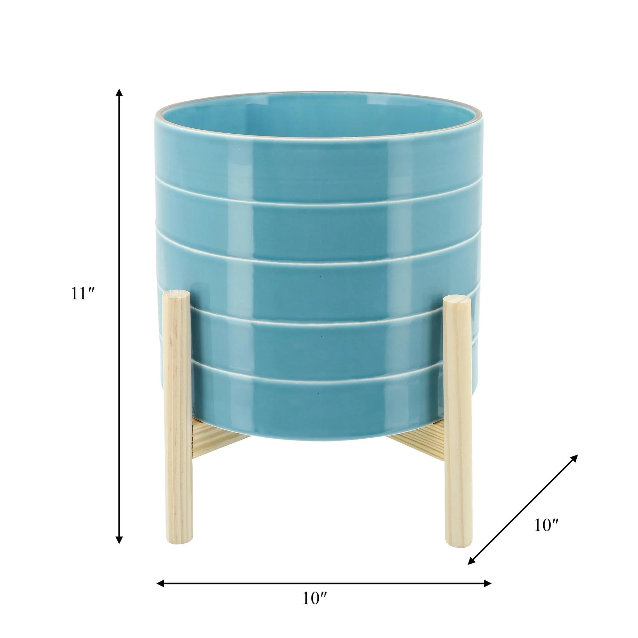 10" Striped Planter W/ Wood Stand, Skyblue - Image 3