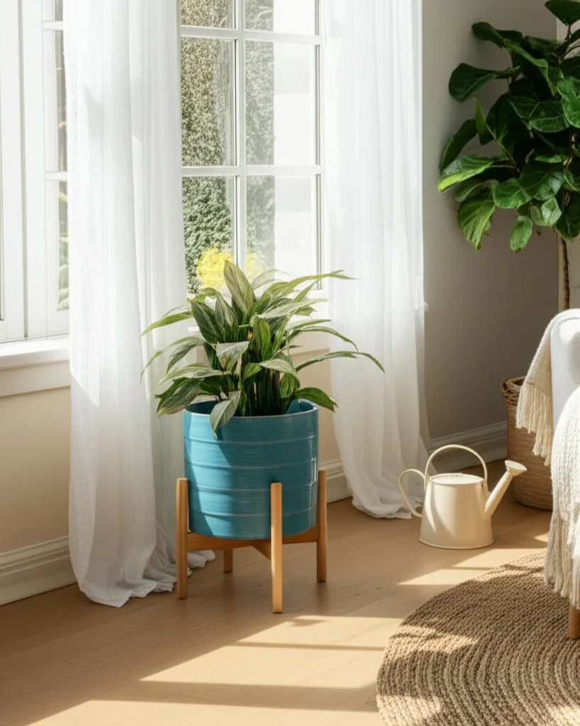 10" Striped Planter W/ Wood Stand, Skyblue - Image 5