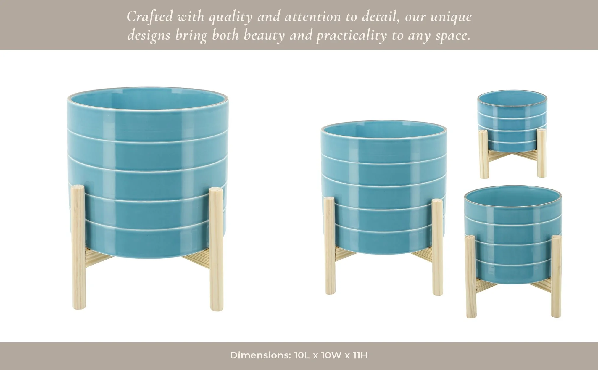 10" Striped Planter W/ Wood Stand, Skyblue - Image 7