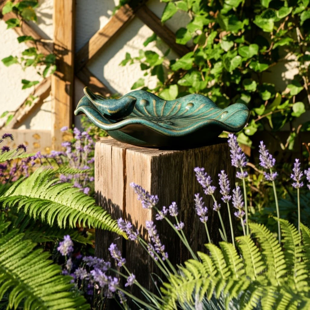 10x2" Flower Birdbath With Perched Bird, Green - Image 10
