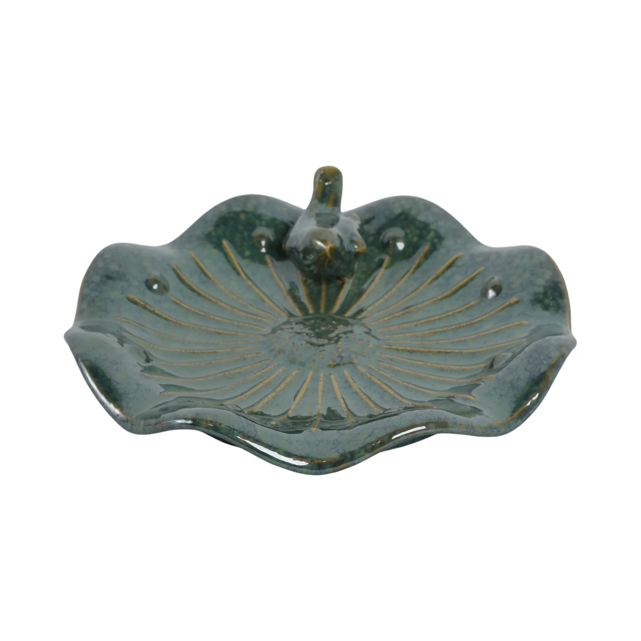 10x2" Flower Birdbath With Perched Bird, Green - Image 3