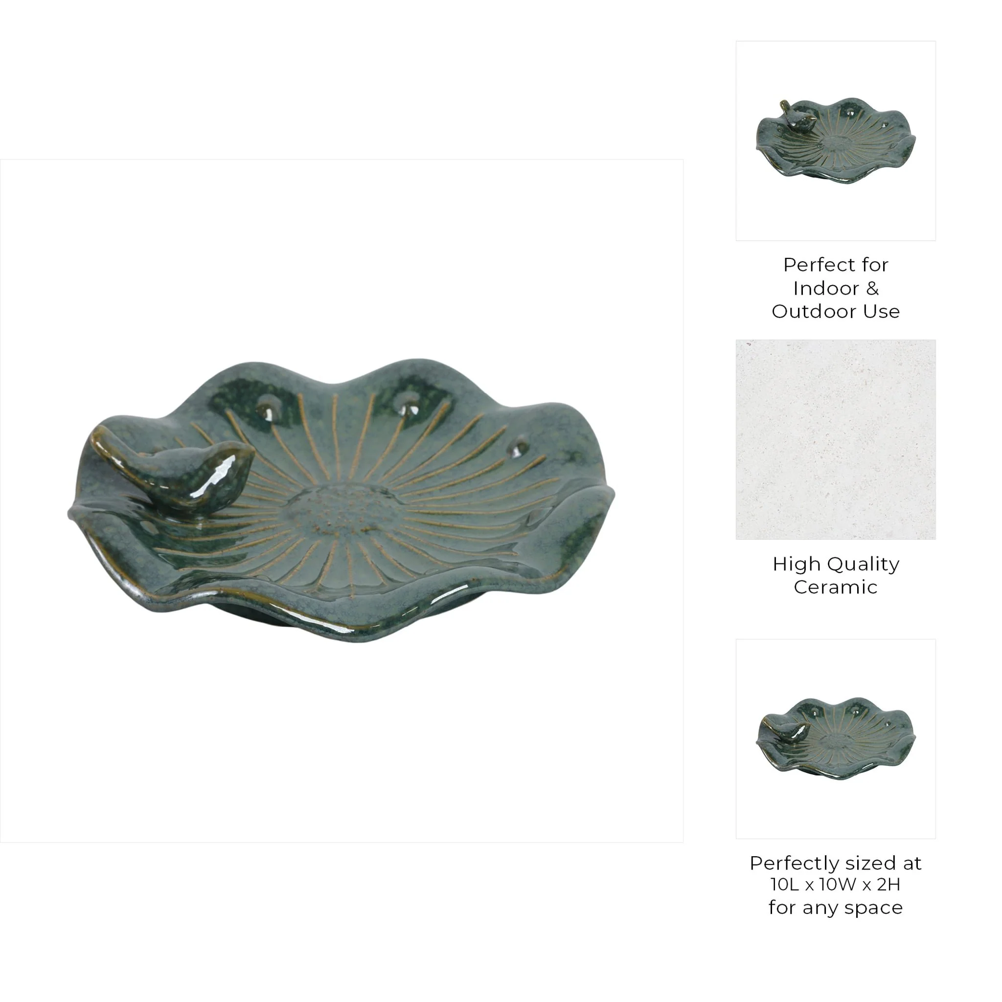10x2" Flower Birdbath With Perched Bird, Green - Image 9
