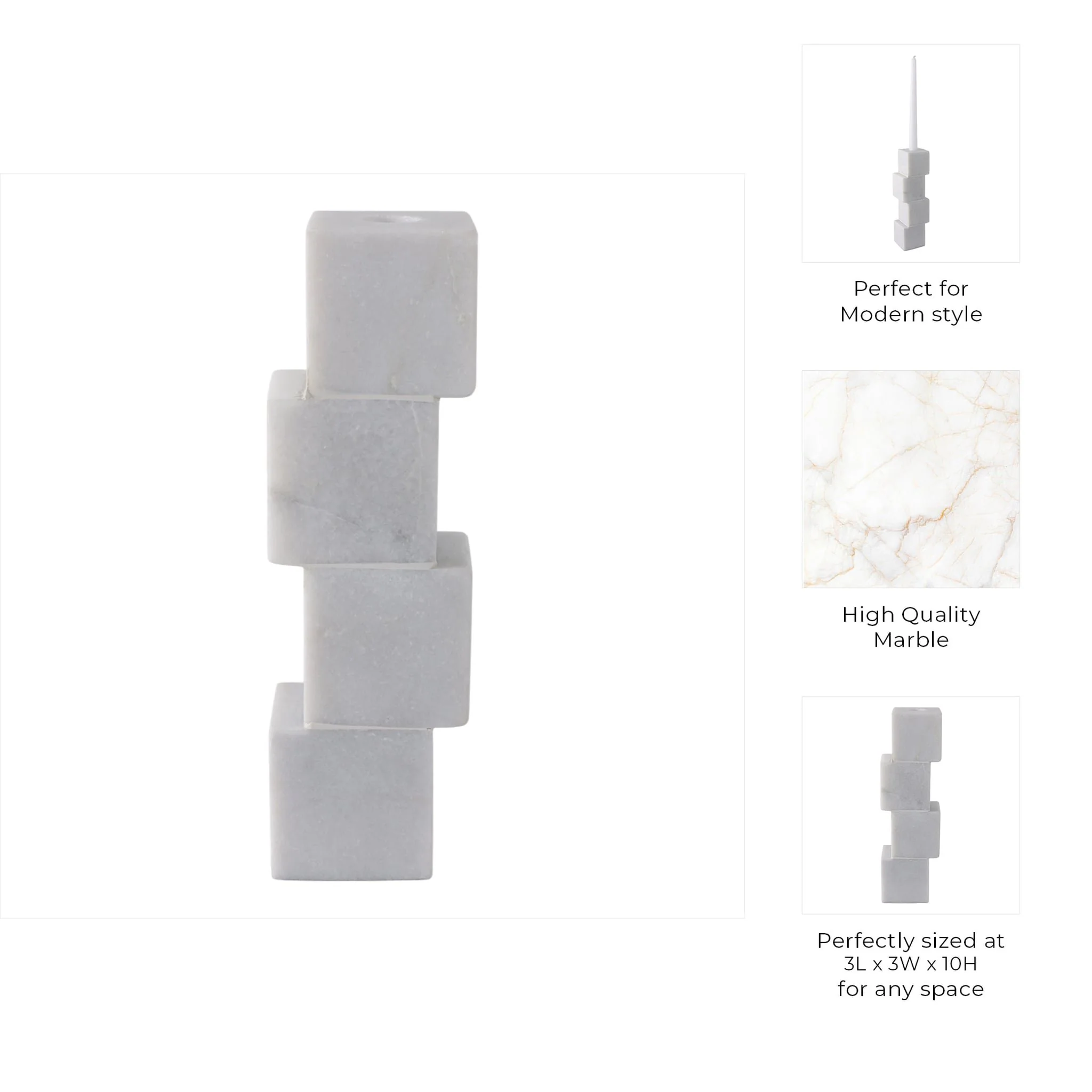 10x3" Stacked Cube Marble Taper Holder, White - Image 10