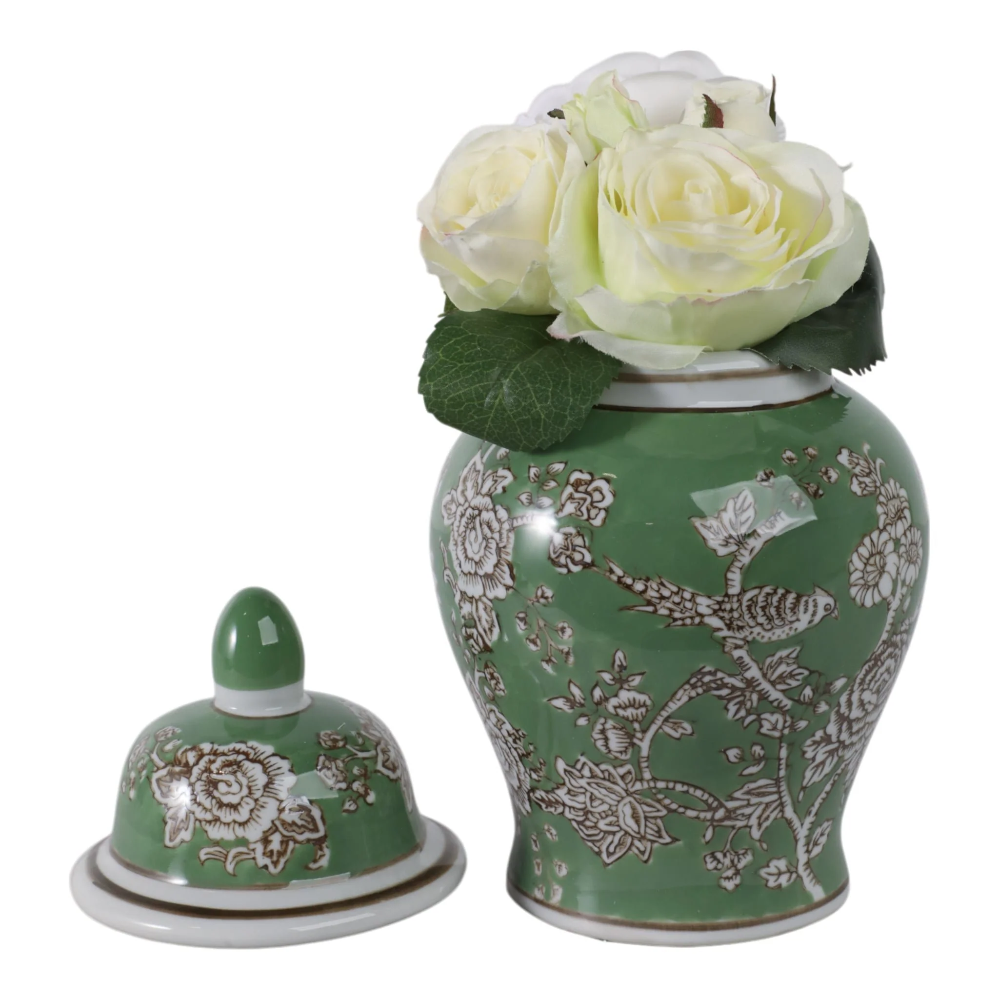 10x6" Bird & Flower Temple Jar, Green/brown - Image 2