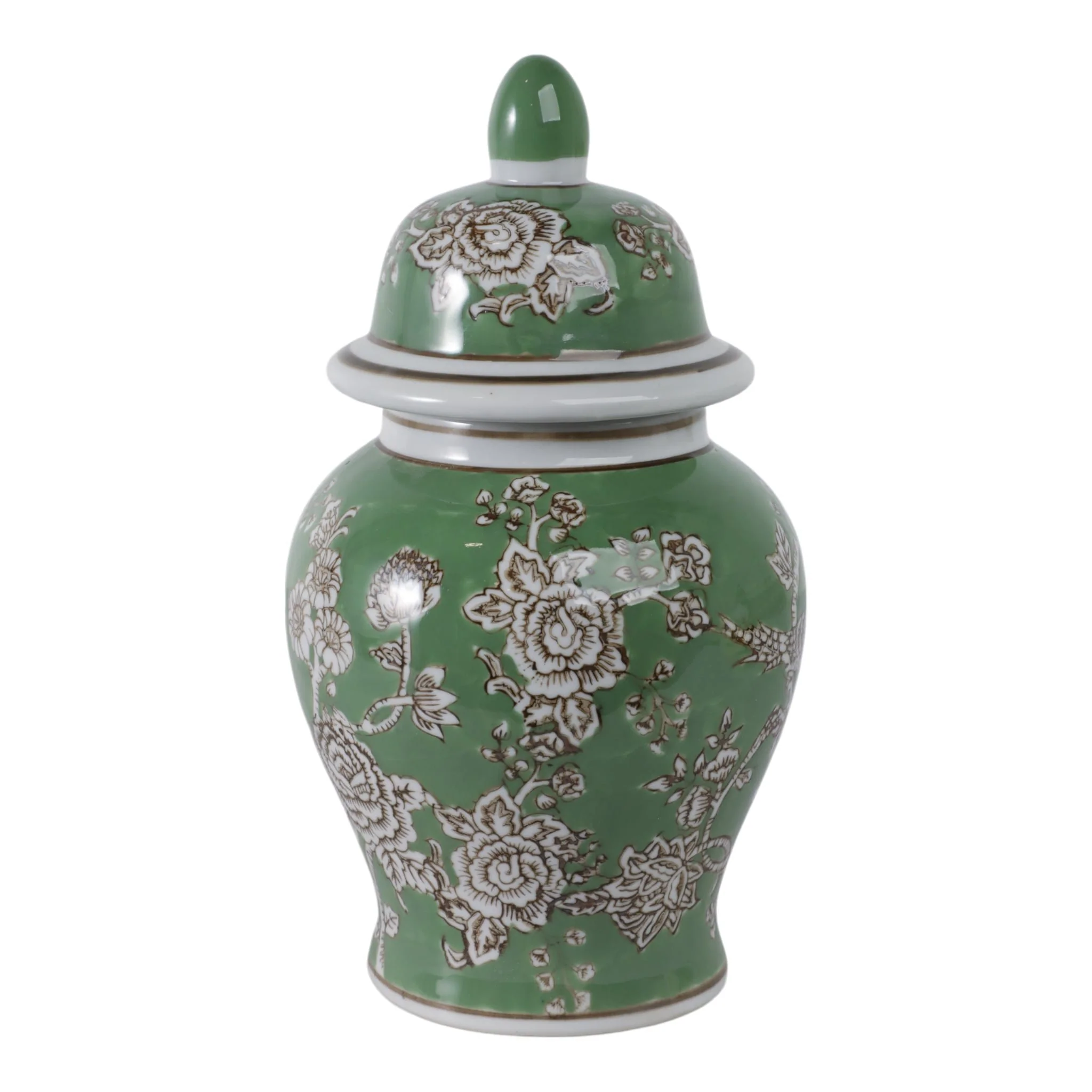 10x6" Bird & Flower Temple Jar, Green/brown - Image 3