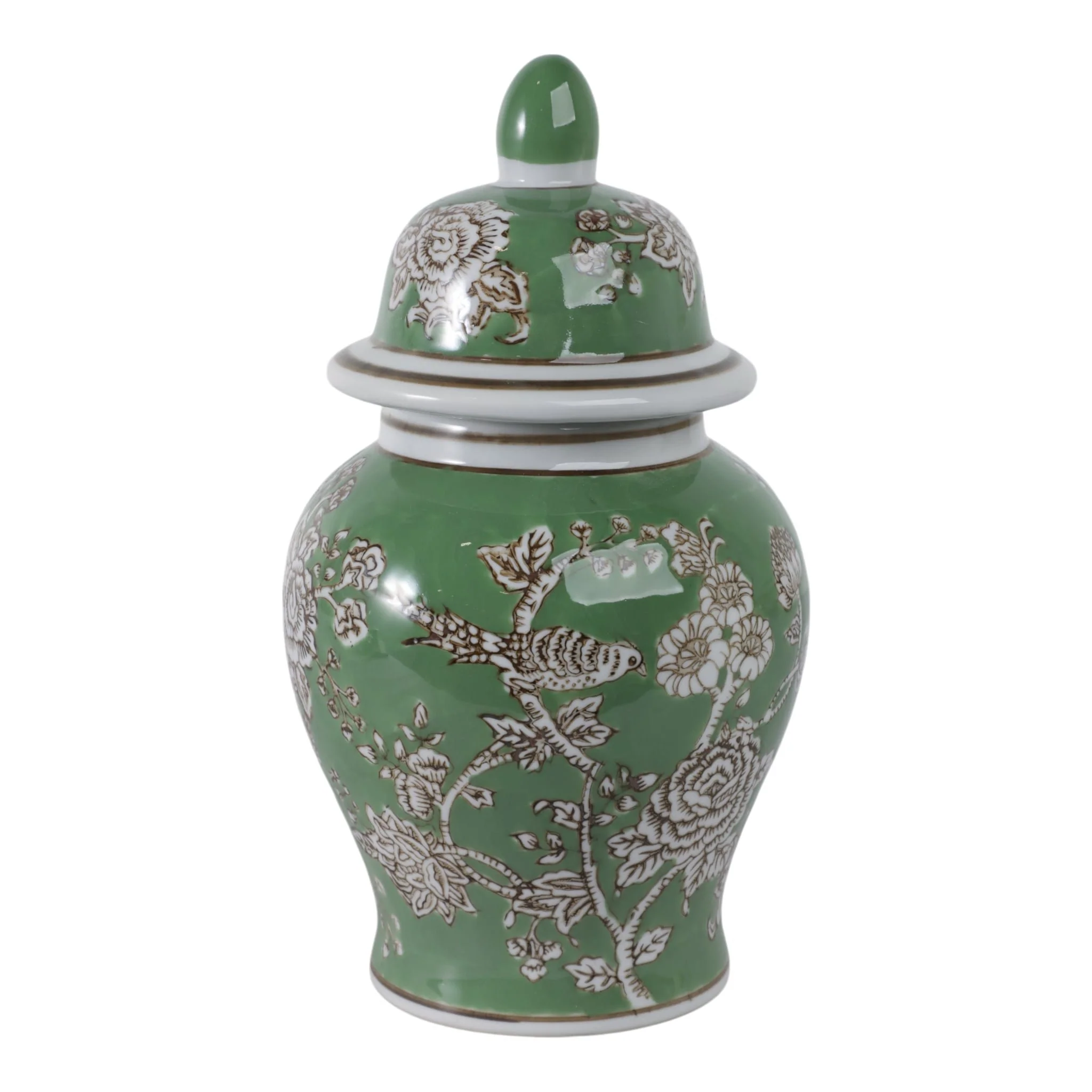 10x6" Bird & Flower Temple Jar, Green/brown - Image 4