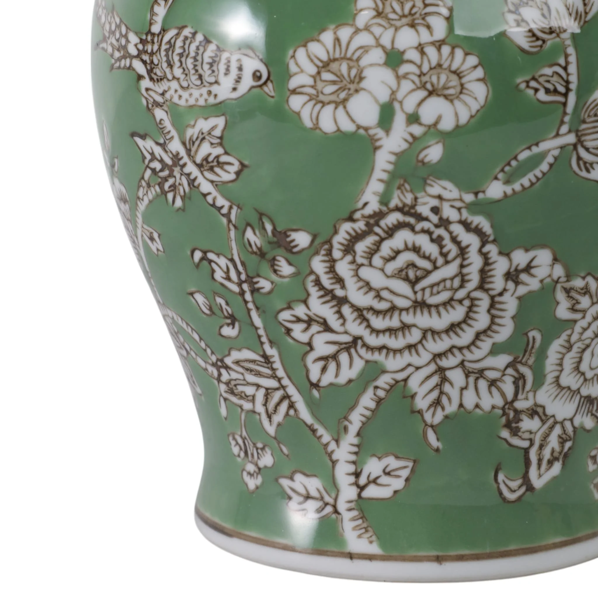 10x6" Bird & Flower Temple Jar, Green/brown - Image 5