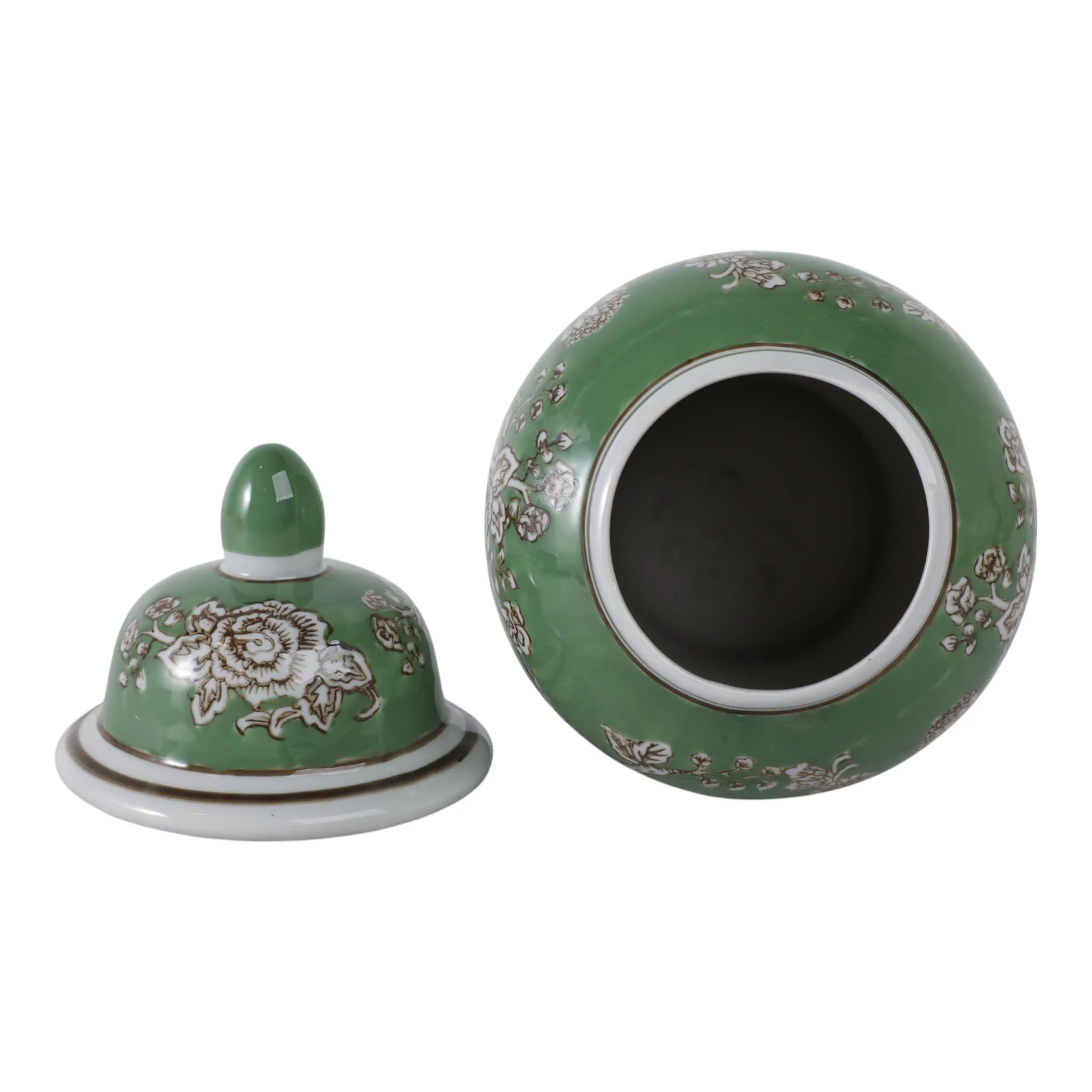 10x6" Bird & Flower Temple Jar, Green/brown - Image 6