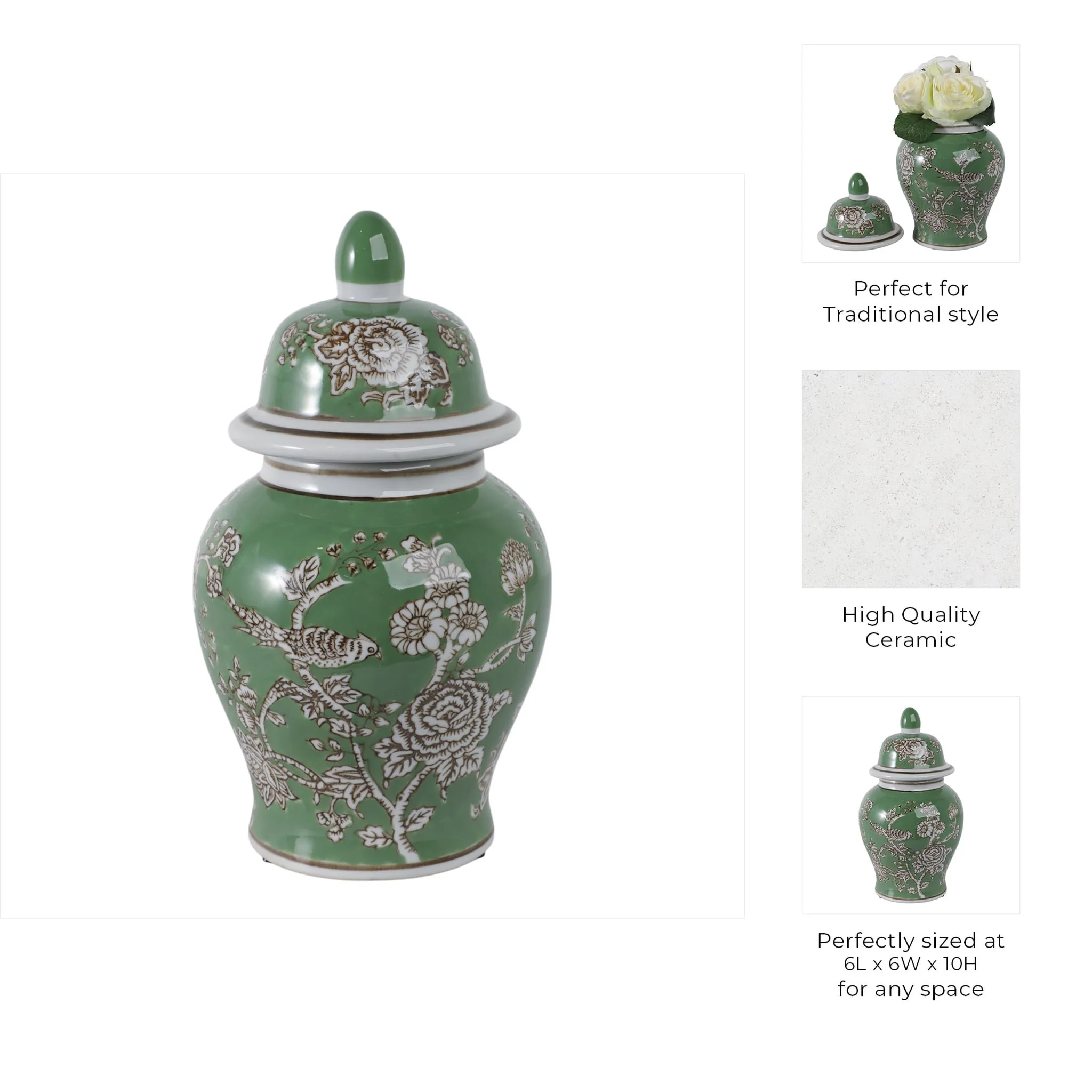 10x6" Bird & Flower Temple Jar, Green/brown - Image 9