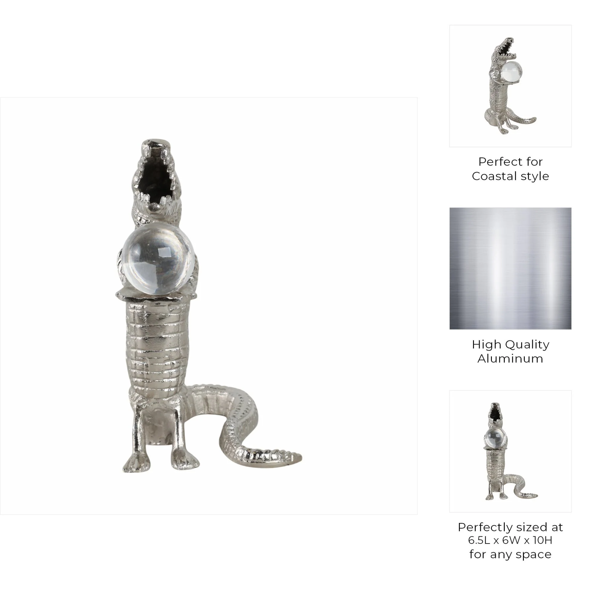 10x7" Crocodile Holding Acrylic Ball, Silver - Image 7