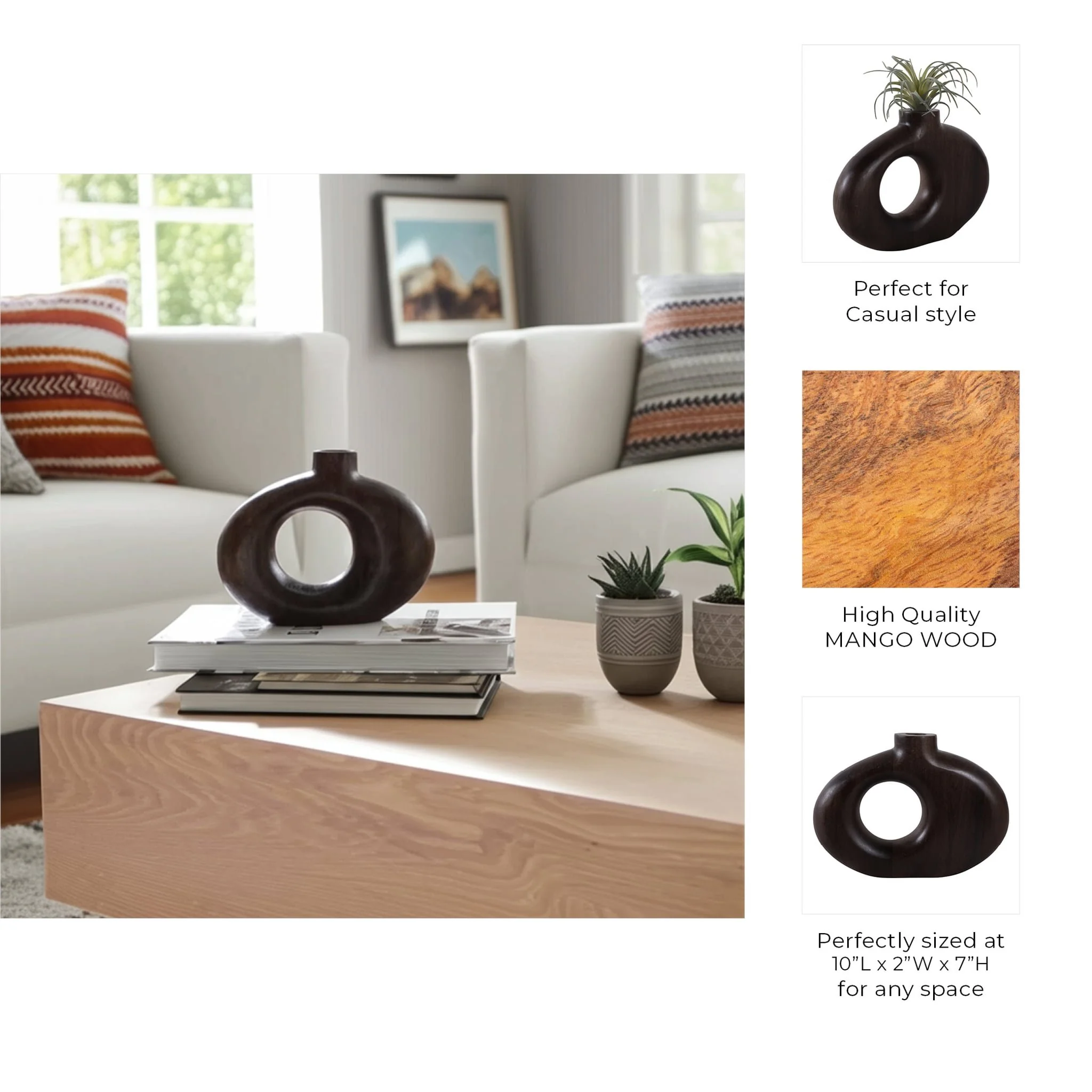 10x7" Cut-out Wood Vase, Dark Brown - Image 9