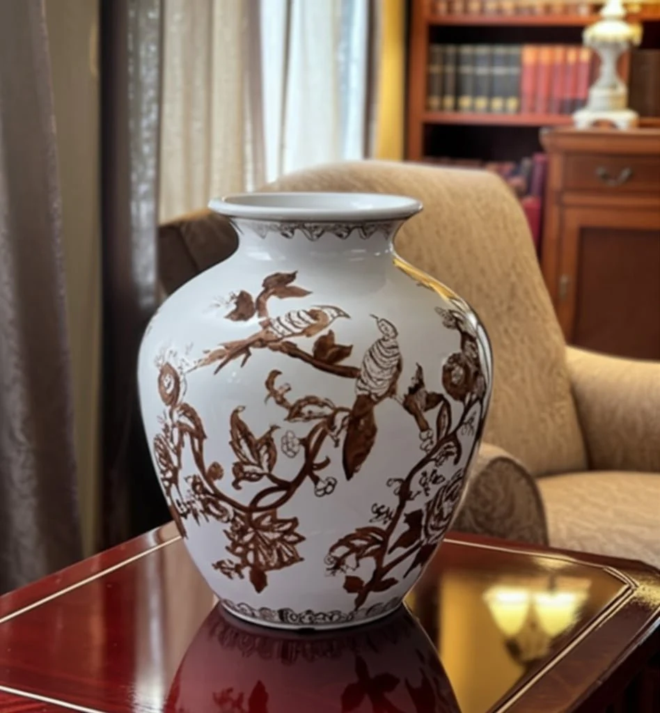 10x8" Chinoiserie Bird & Vines Vase, Brown/ White - Image 11