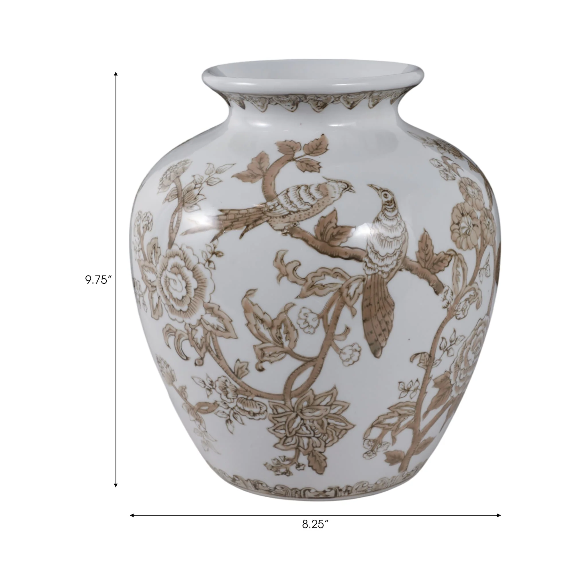 10x8" Chinoiserie Bird & Vines Vase, Brown/ White - Image 8