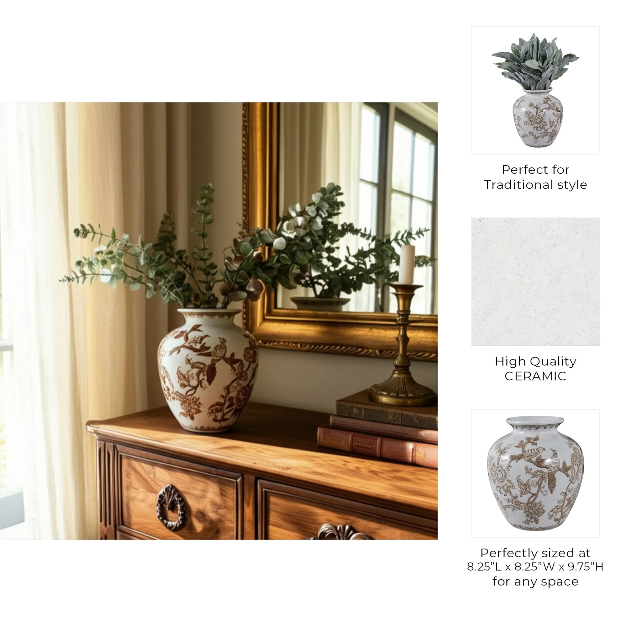 10x8" Chinoiserie Bird & Vines Vase, Brown/ White - Image 9