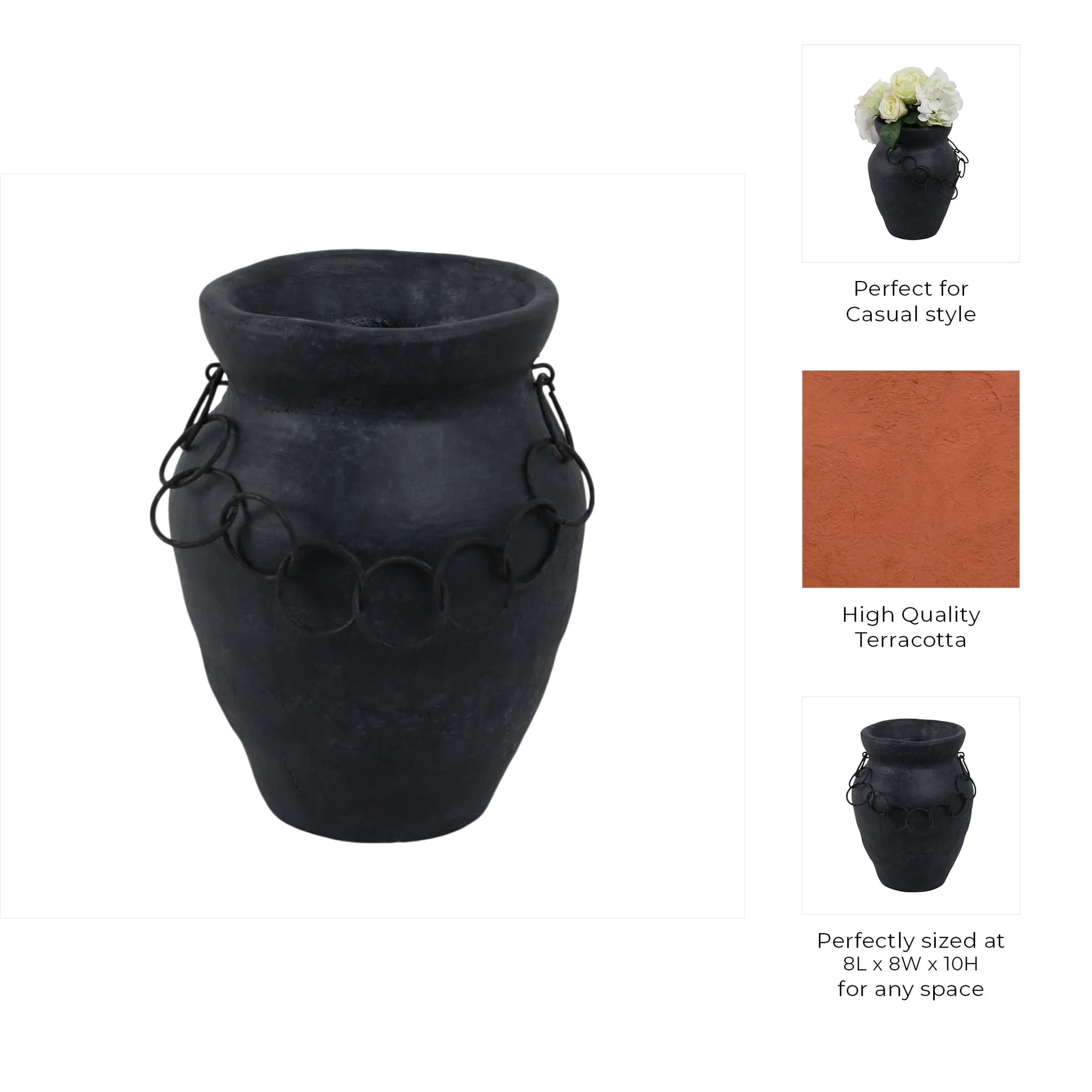 10x8" Rustic Vase With Chain, Black - Image 9