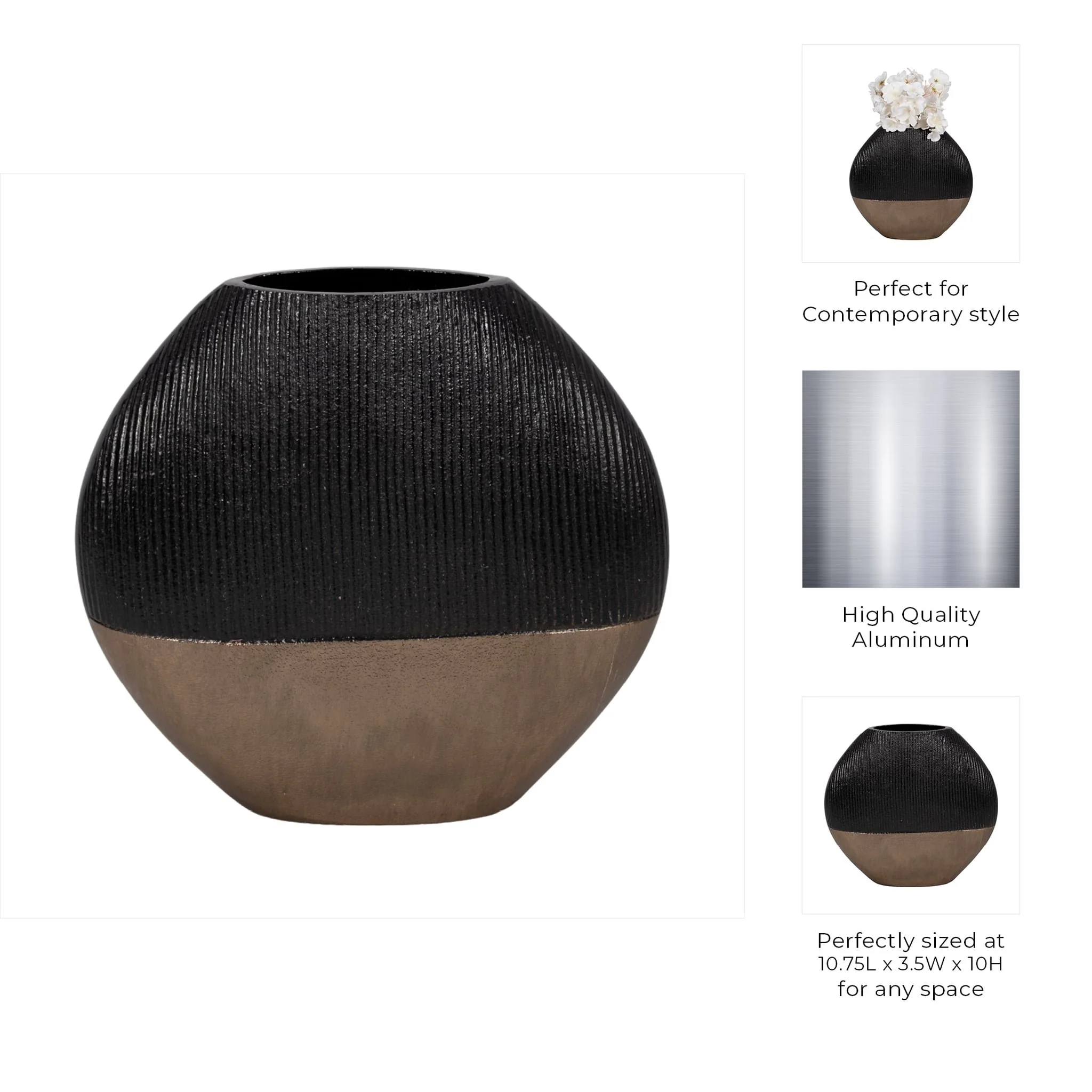 11" Color Block Round Vase, Black/brass Antique - Image 10