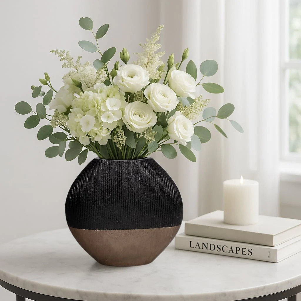 11" Color Block Round Vase, Black/brass Antique - Image 2