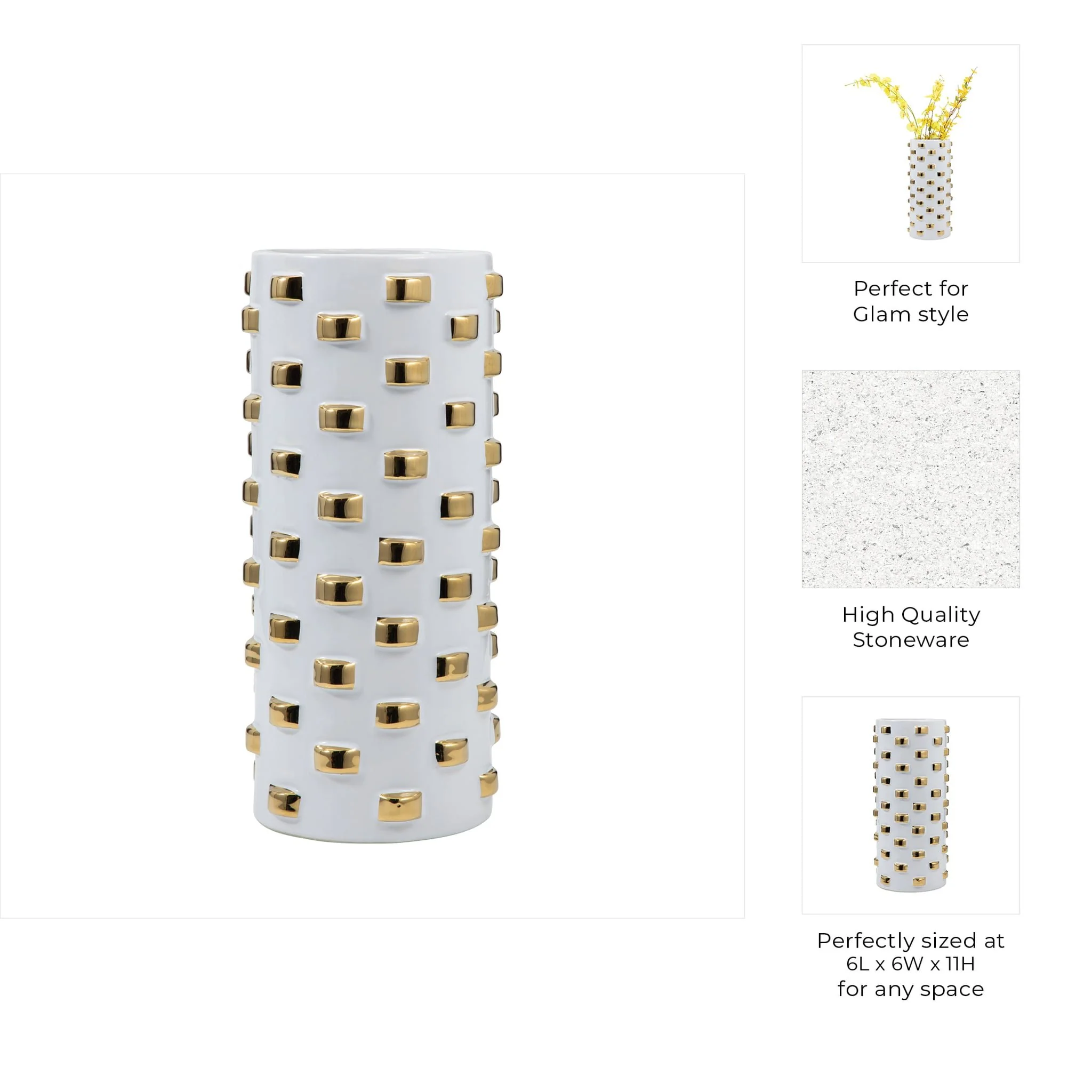 11" Cylinder Vase, White/gold - Image 8