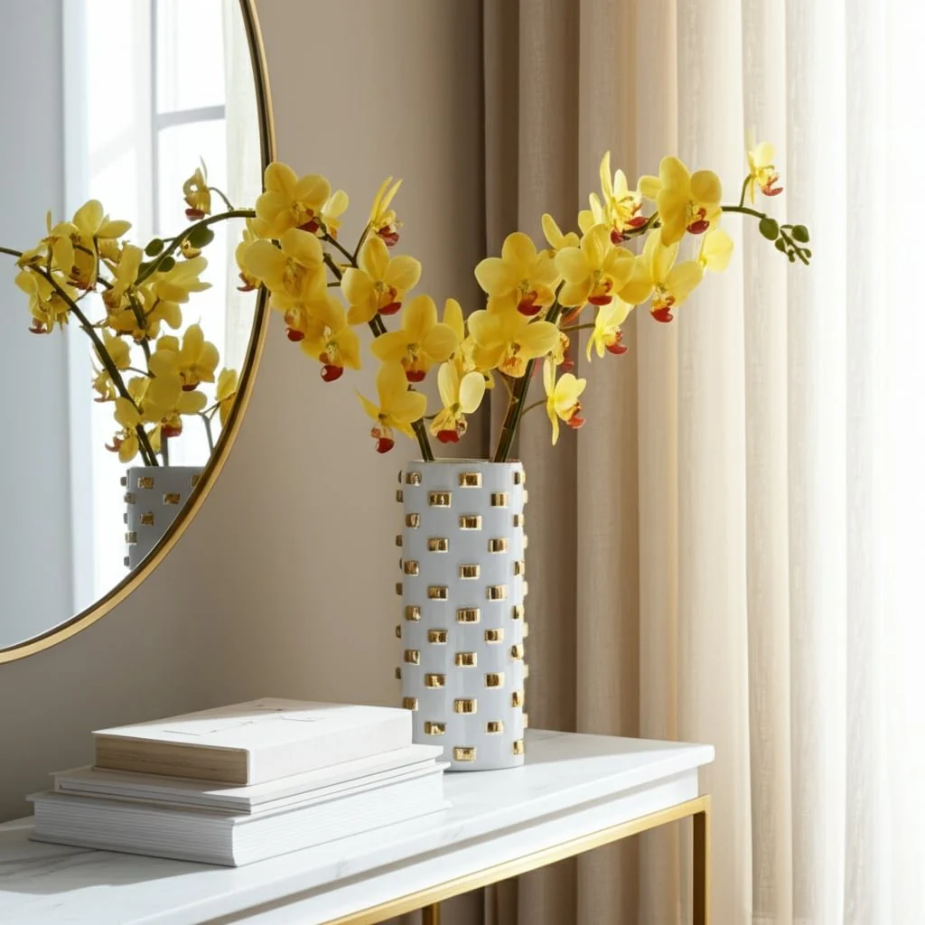 11" Cylinder Vase, White/gold - Image 9