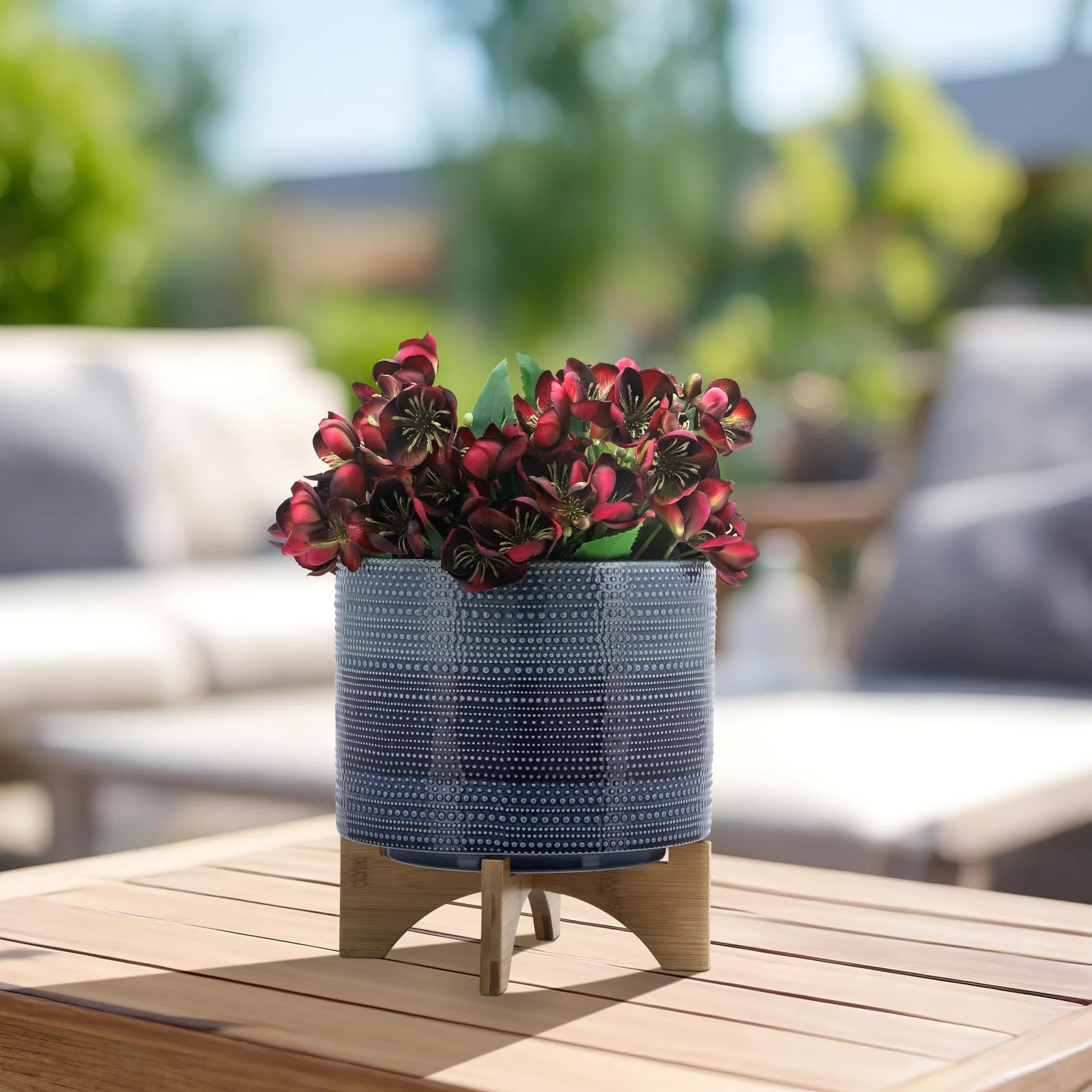 11" Dotted Planter W/ Wood Stand, Blue - Image 12
