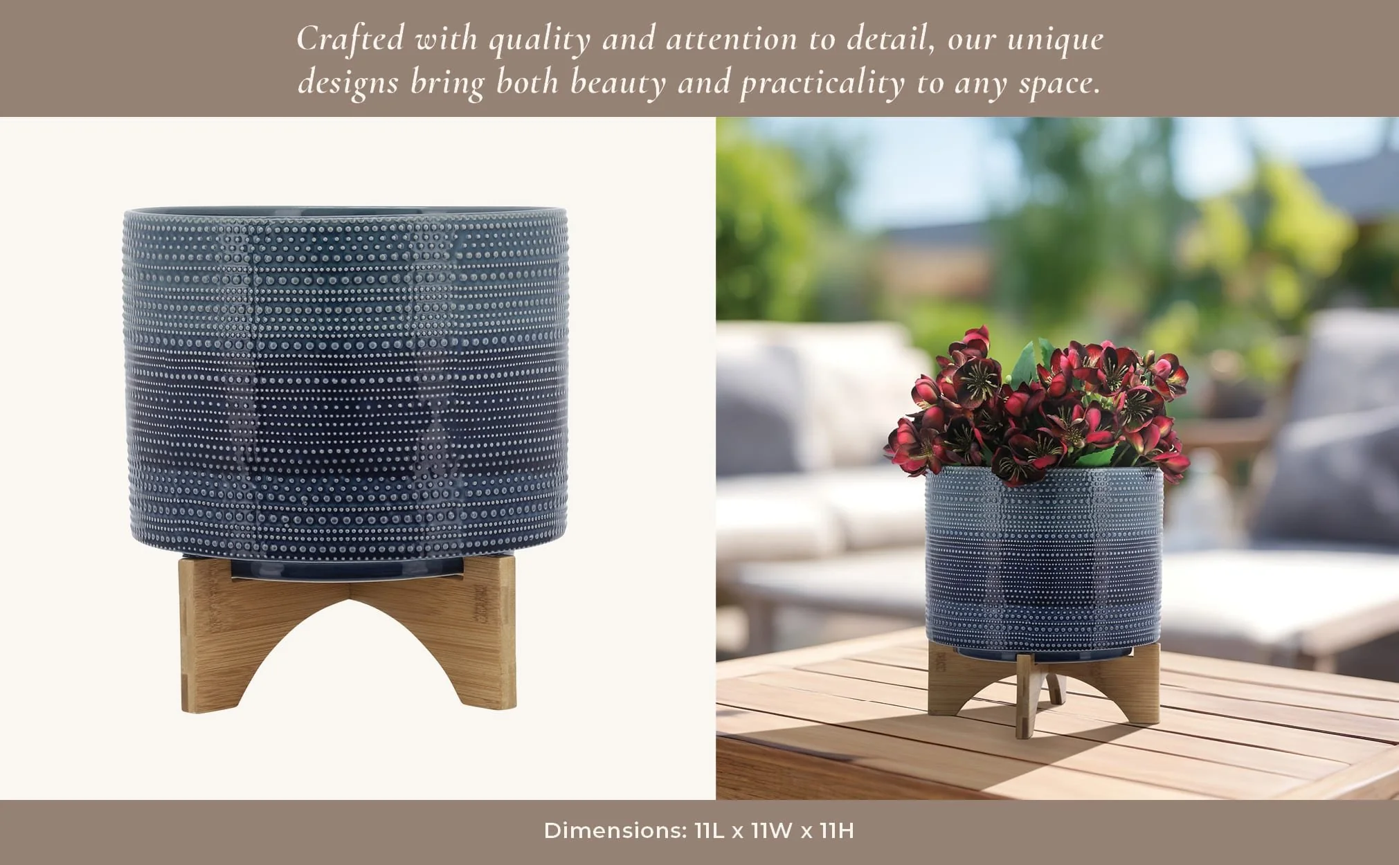 11" Dotted Planter W/ Wood Stand, Blue - Image 14