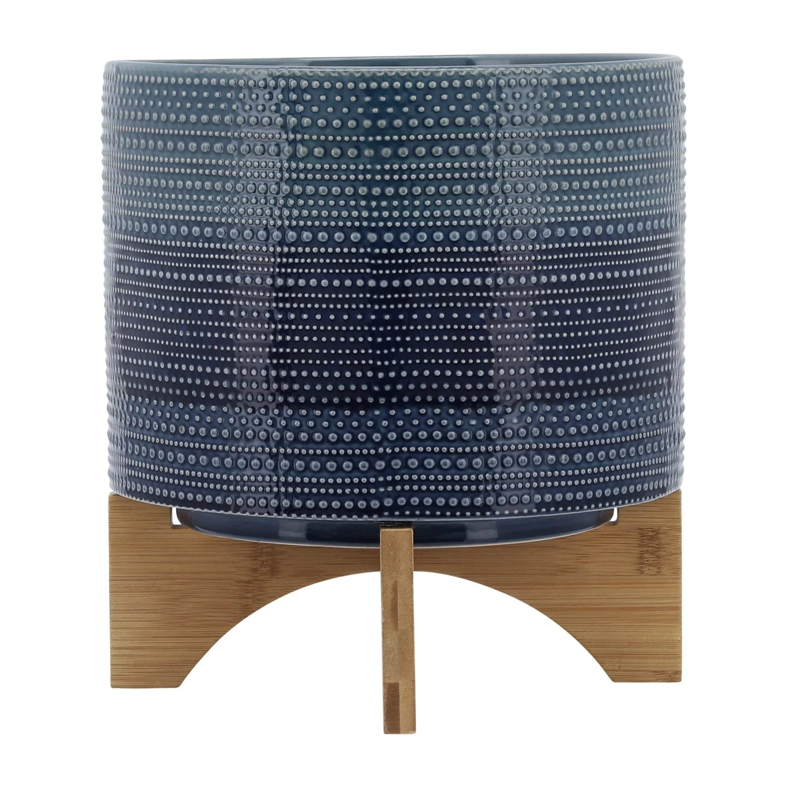 11" Dotted Planter W/ Wood Stand, Blue - Image 2