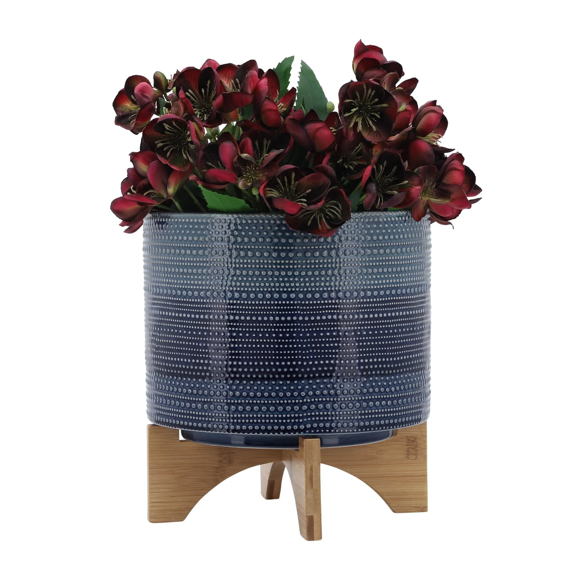 11" Dotted Planter W/ Wood Stand, Blue - Image 3
