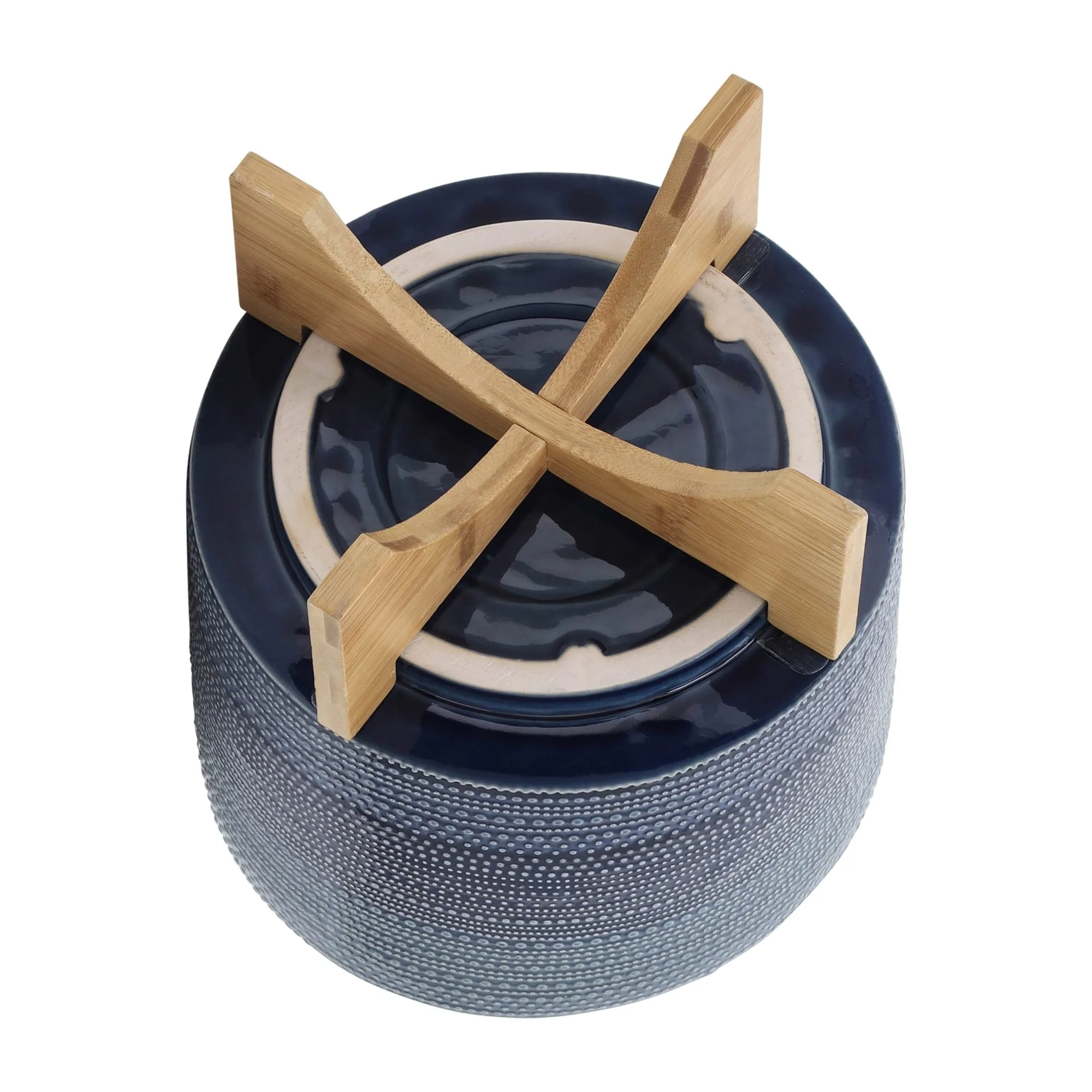 11" Dotted Planter W/ Wood Stand, Blue - Image 5