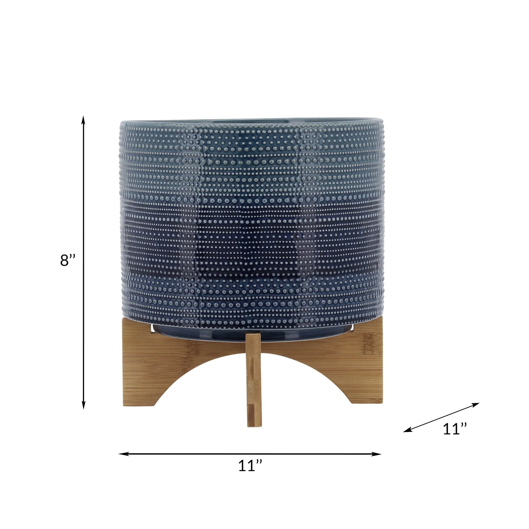 11" Dotted Planter W/ Wood Stand, Blue - Image 8