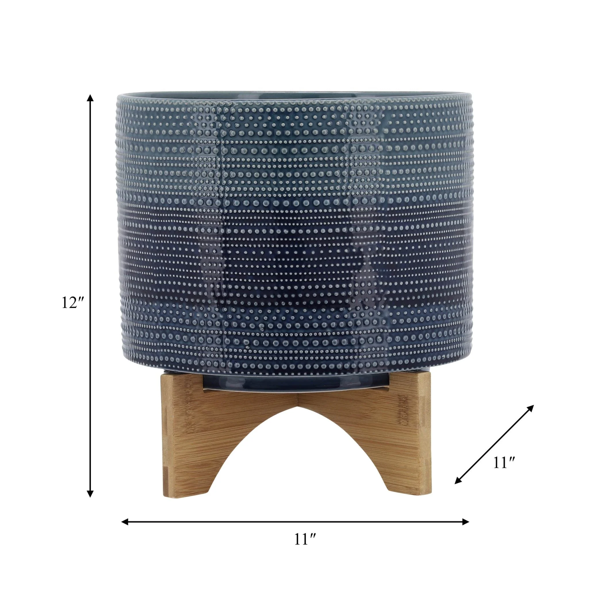 11" Dotted Planter W/ Wood Stand, Blue - Image 9