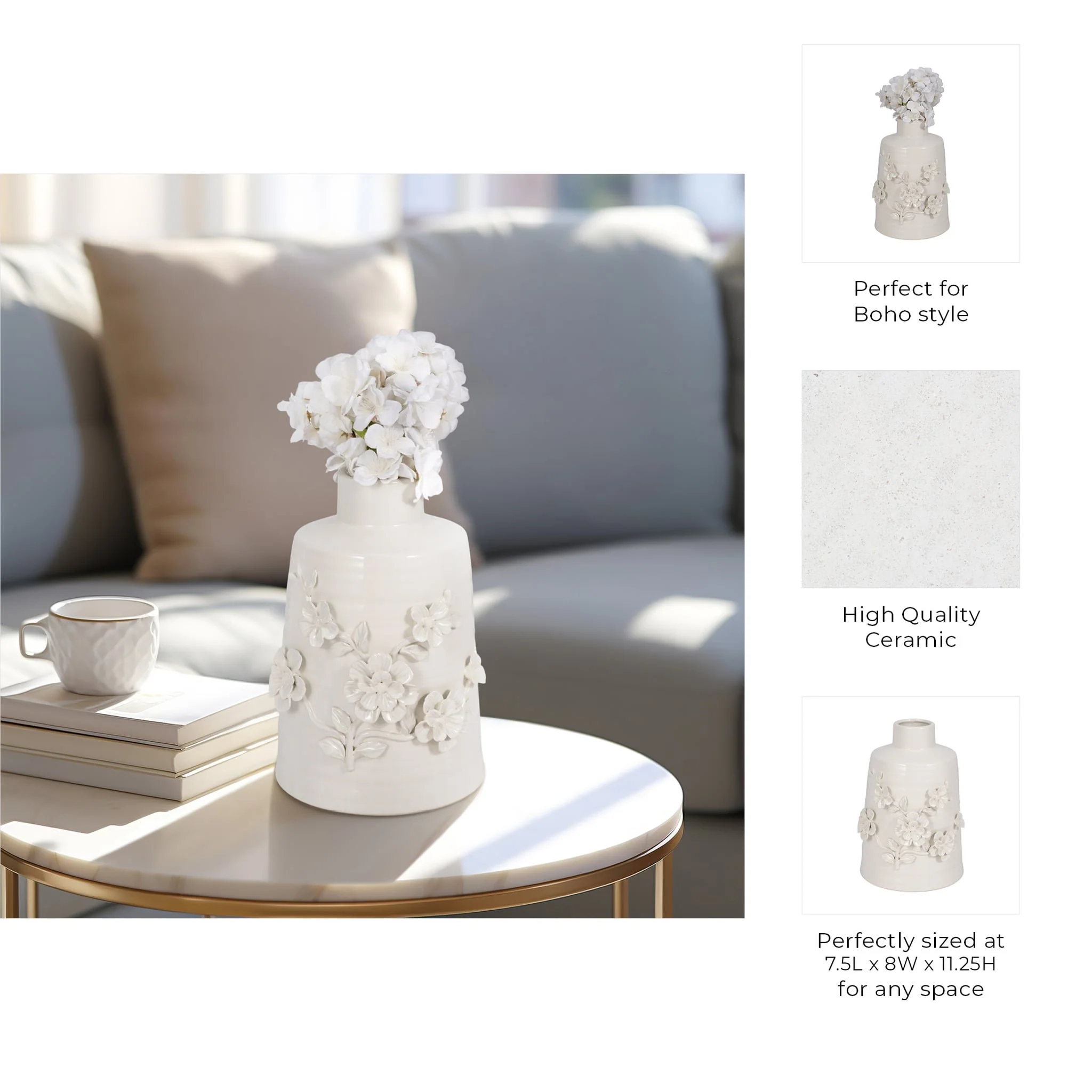 11" Floral Vase, White - Image 9