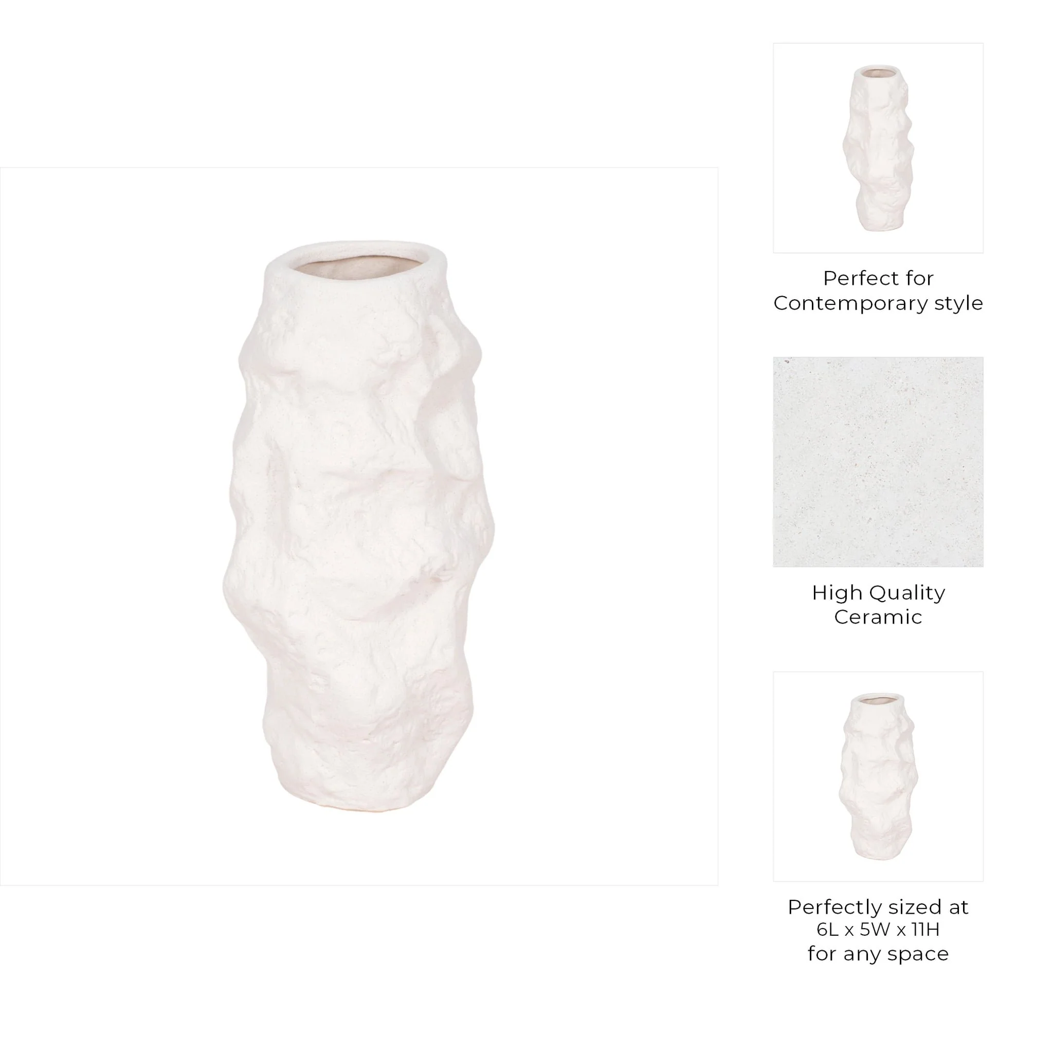 11" Jagged Textured Vase, White - Image 8