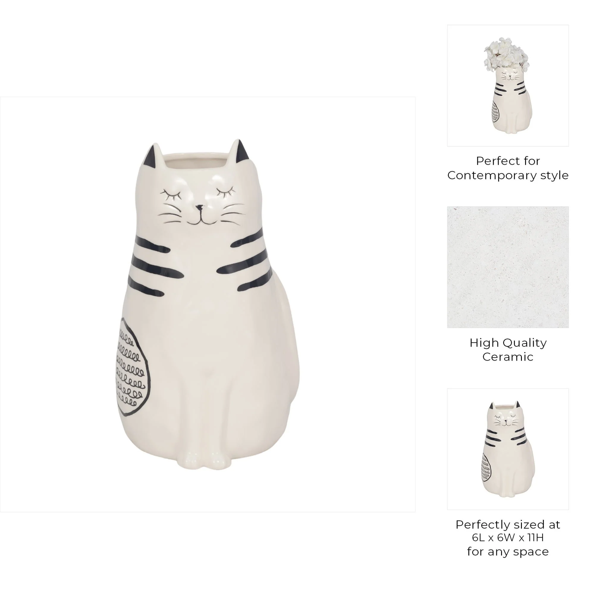 11" Sitting Pretty Kitty With Vase Opening, White/ - Image 10