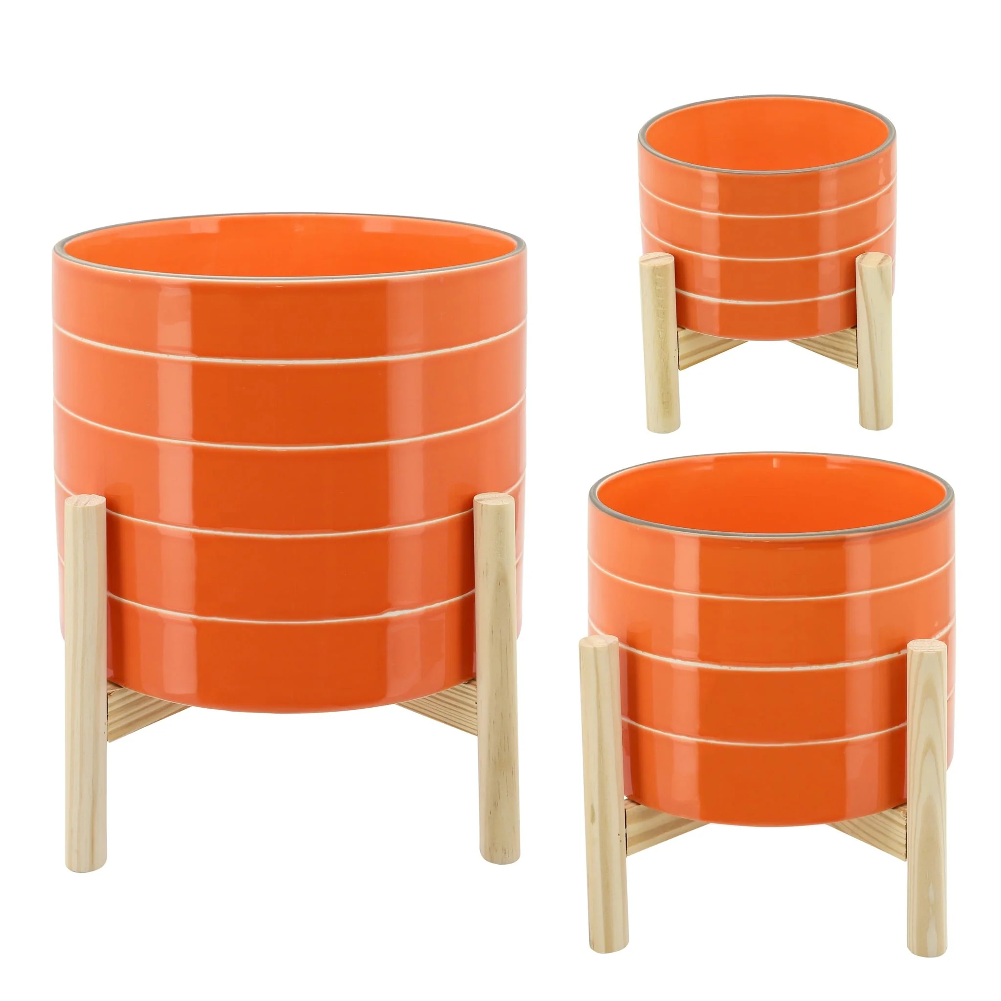 11" Striped Planter W/ Wood Stand, Orange - Image 2