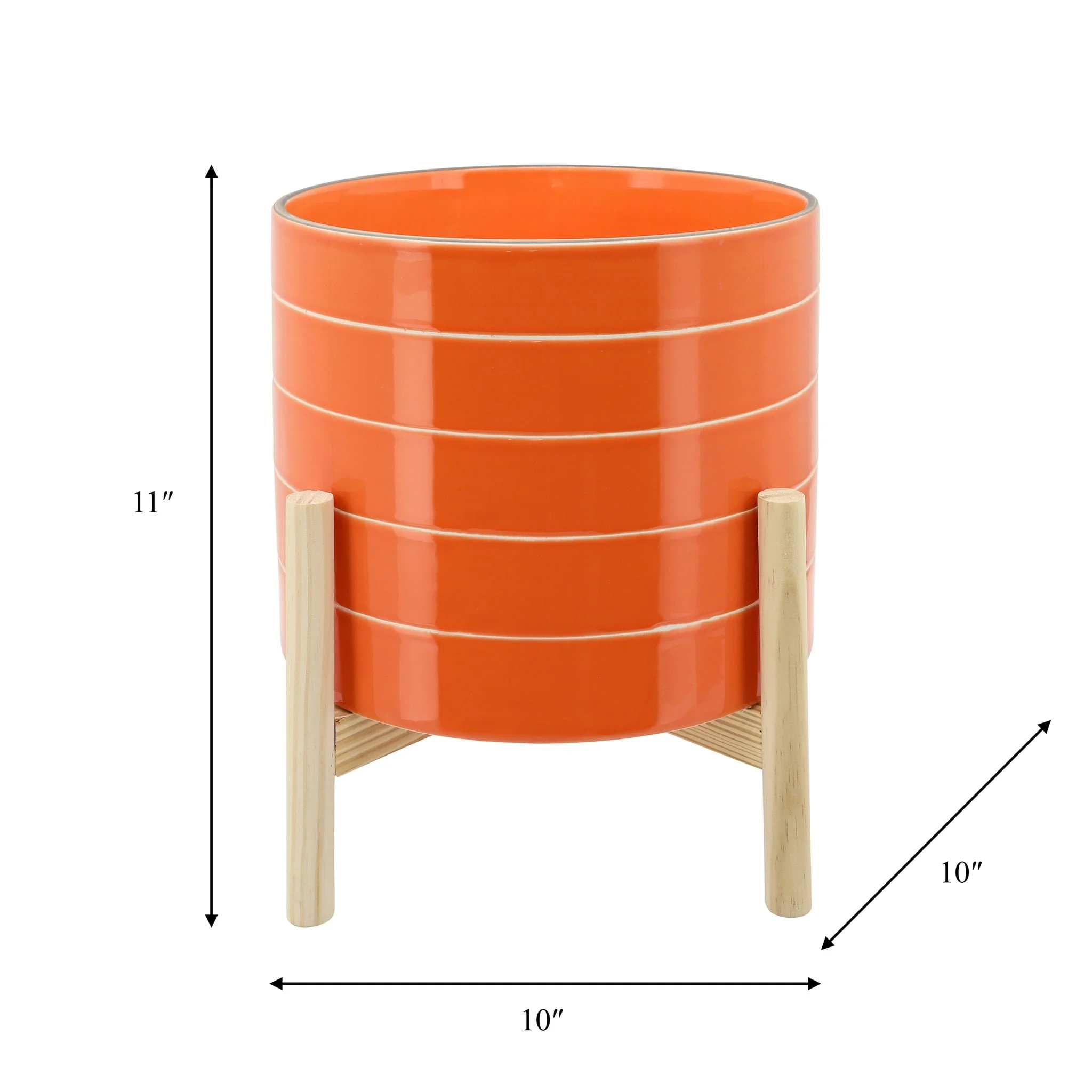 11" Striped Planter W/ Wood Stand, Orange - Image 3